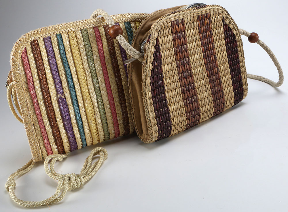 Six Straw Purses and One Straw Hat