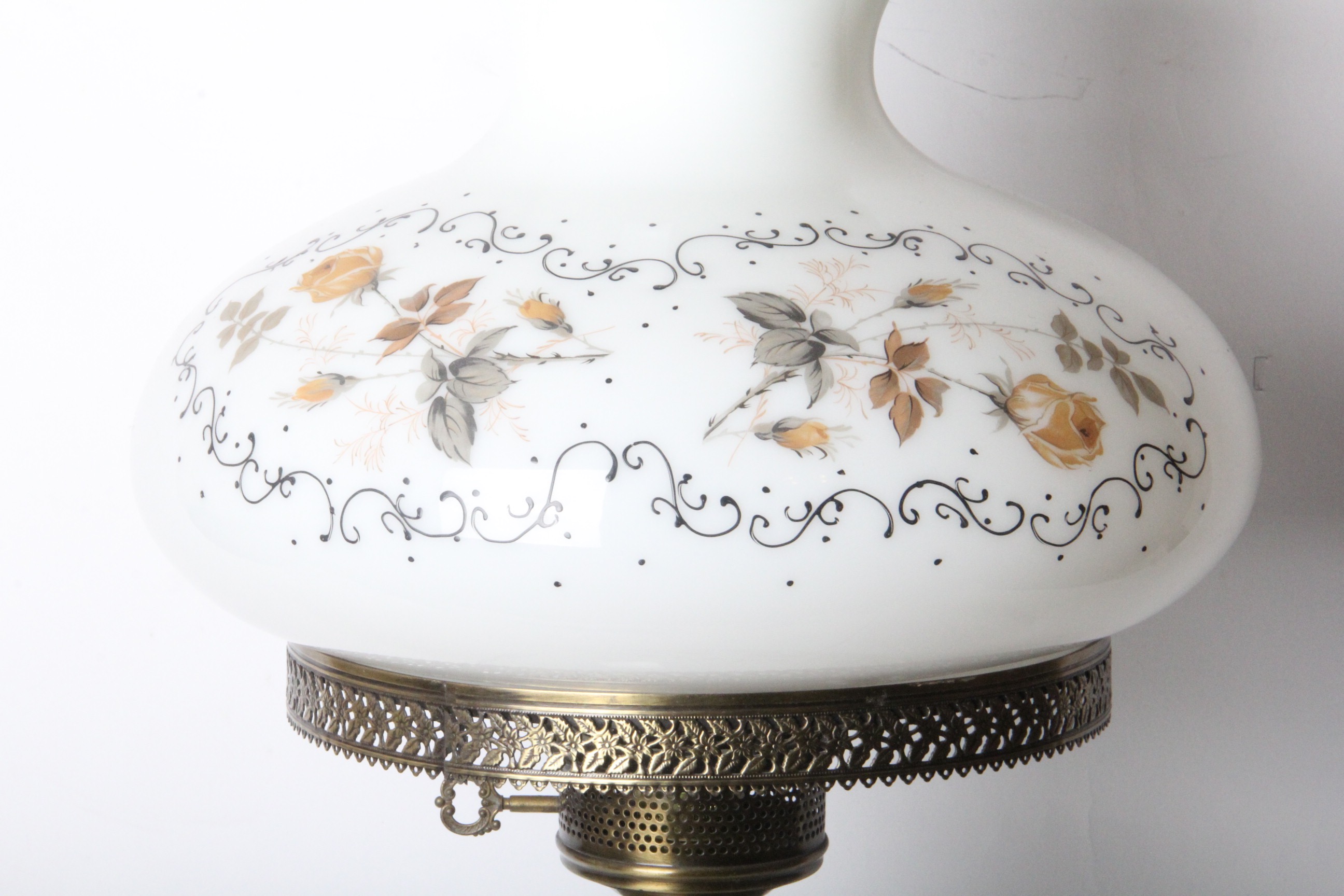 Victorian Style 3-Way Glass Parlor Lamp with Rose Painted Glass Shades