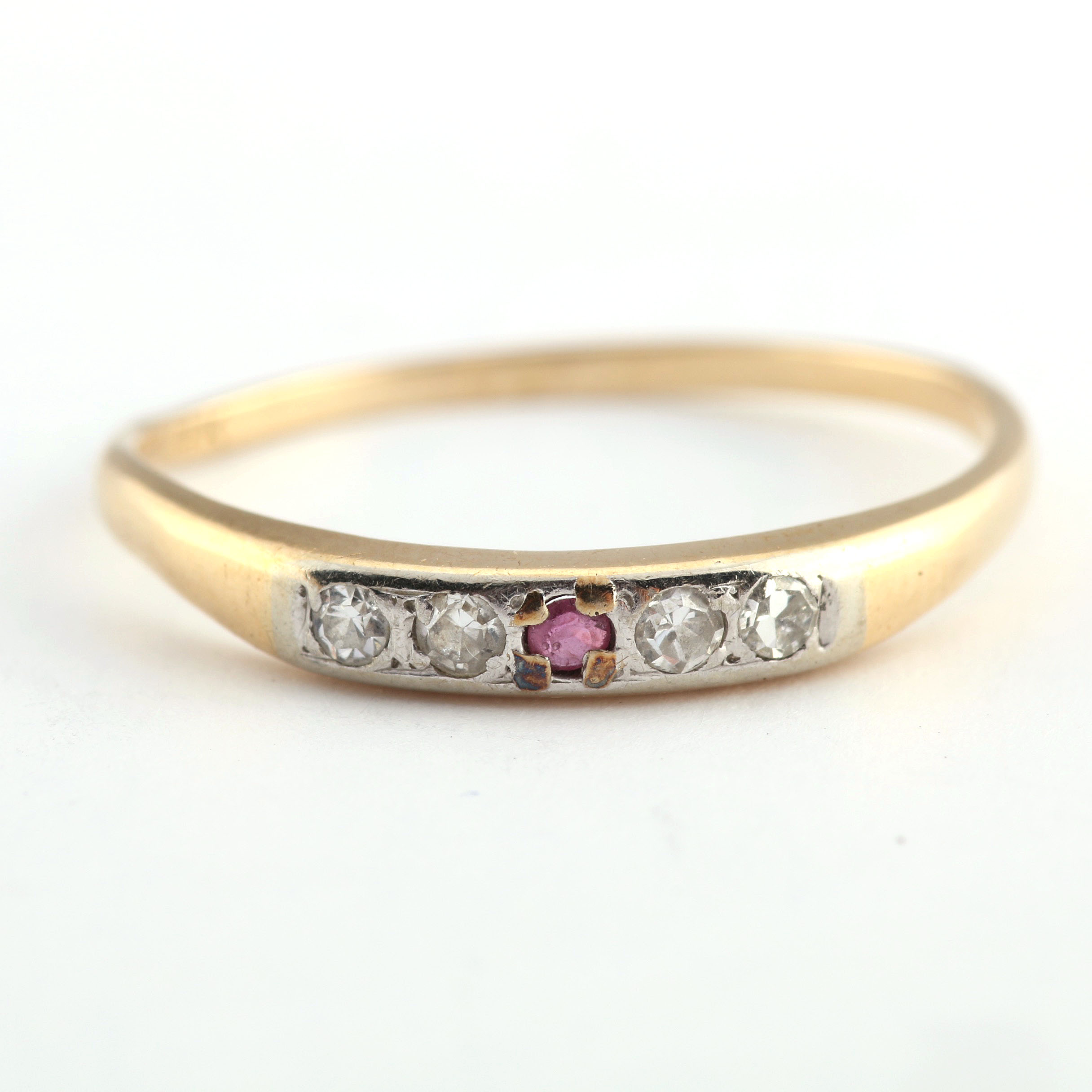 14K Two Tone Gold Ring with Channel Set Diamonds and Ruby