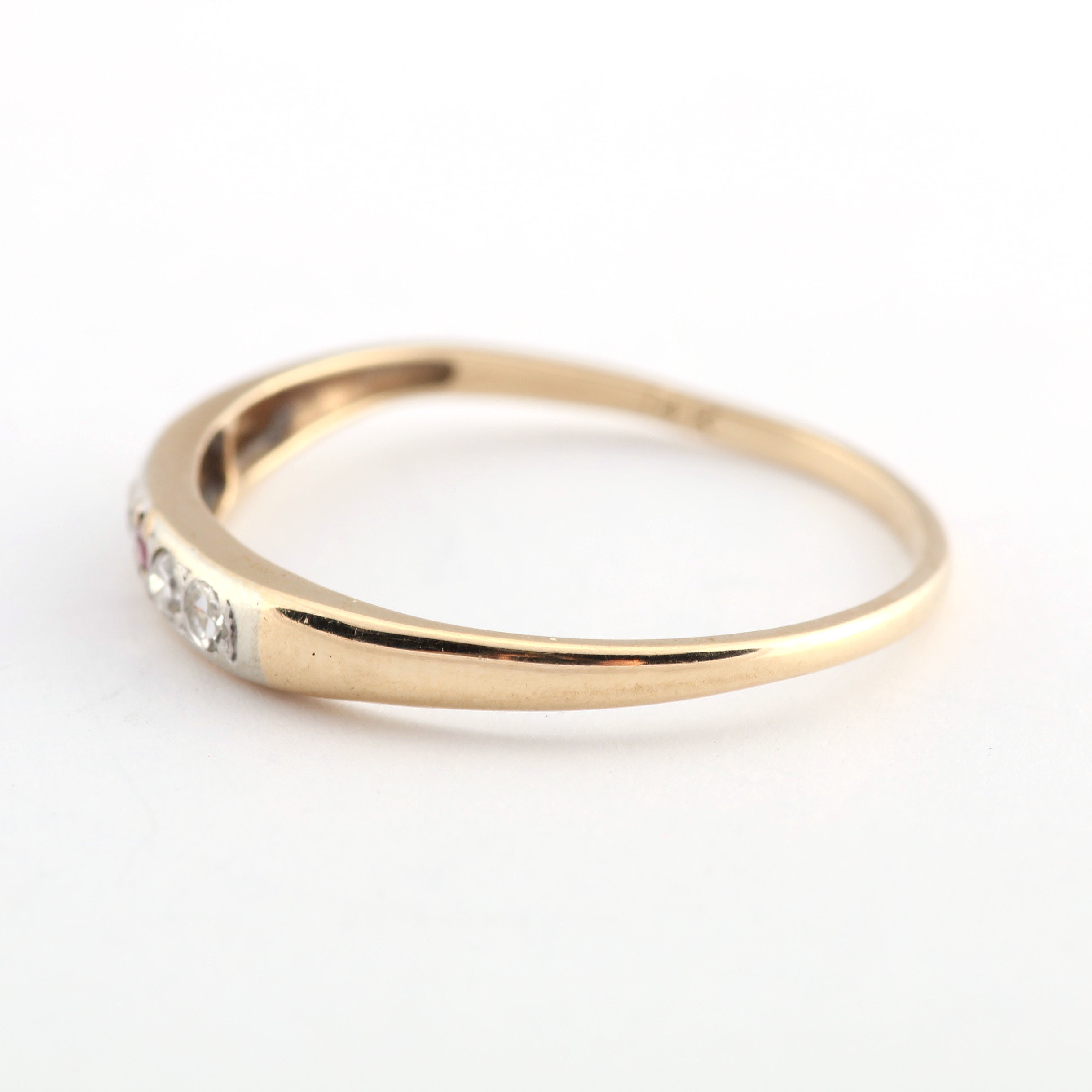 14K Two Tone Gold Ring with Channel Set Diamonds and Ruby