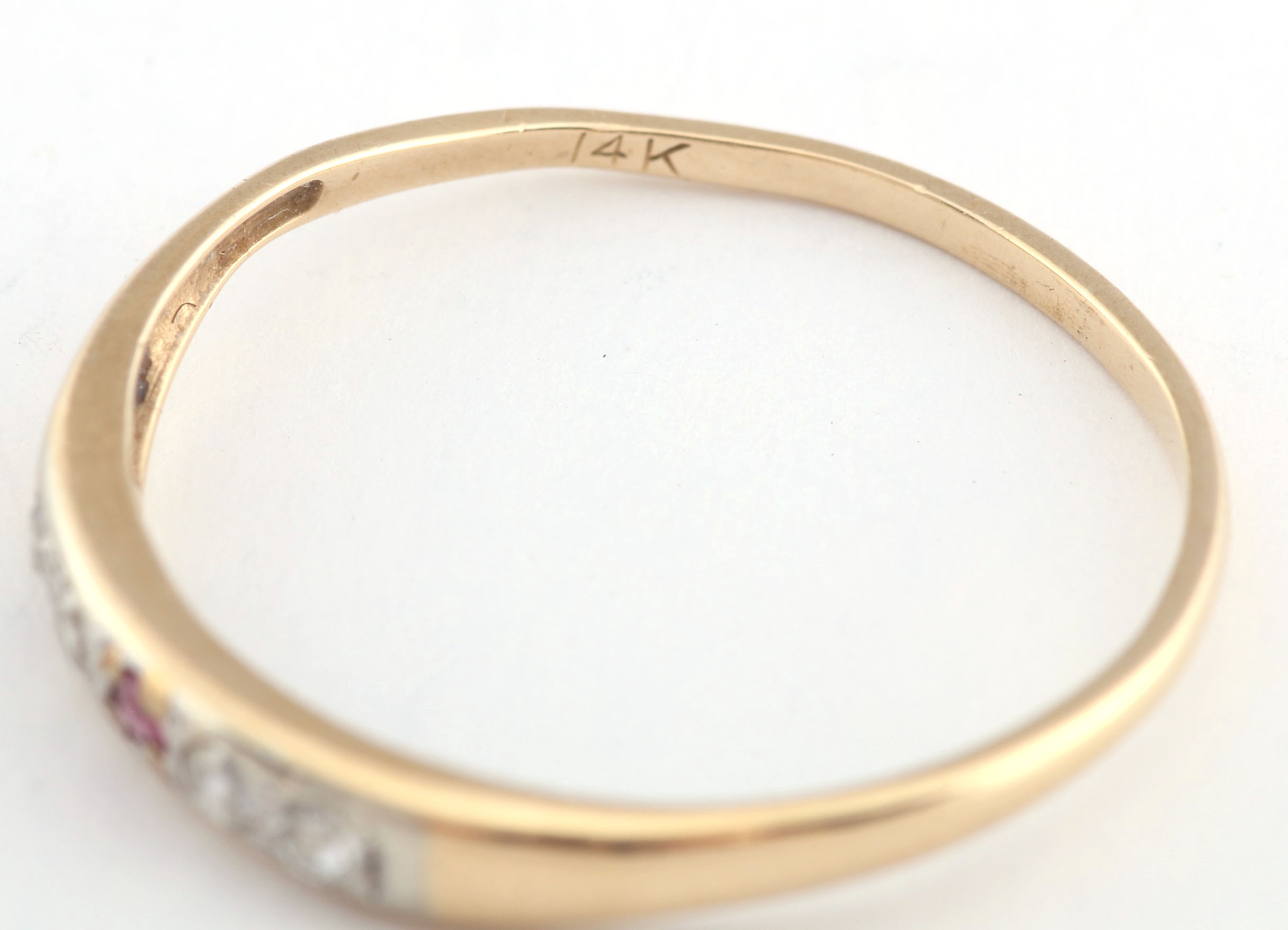 14K Two Tone Gold Ring with Channel Set Diamonds and Ruby