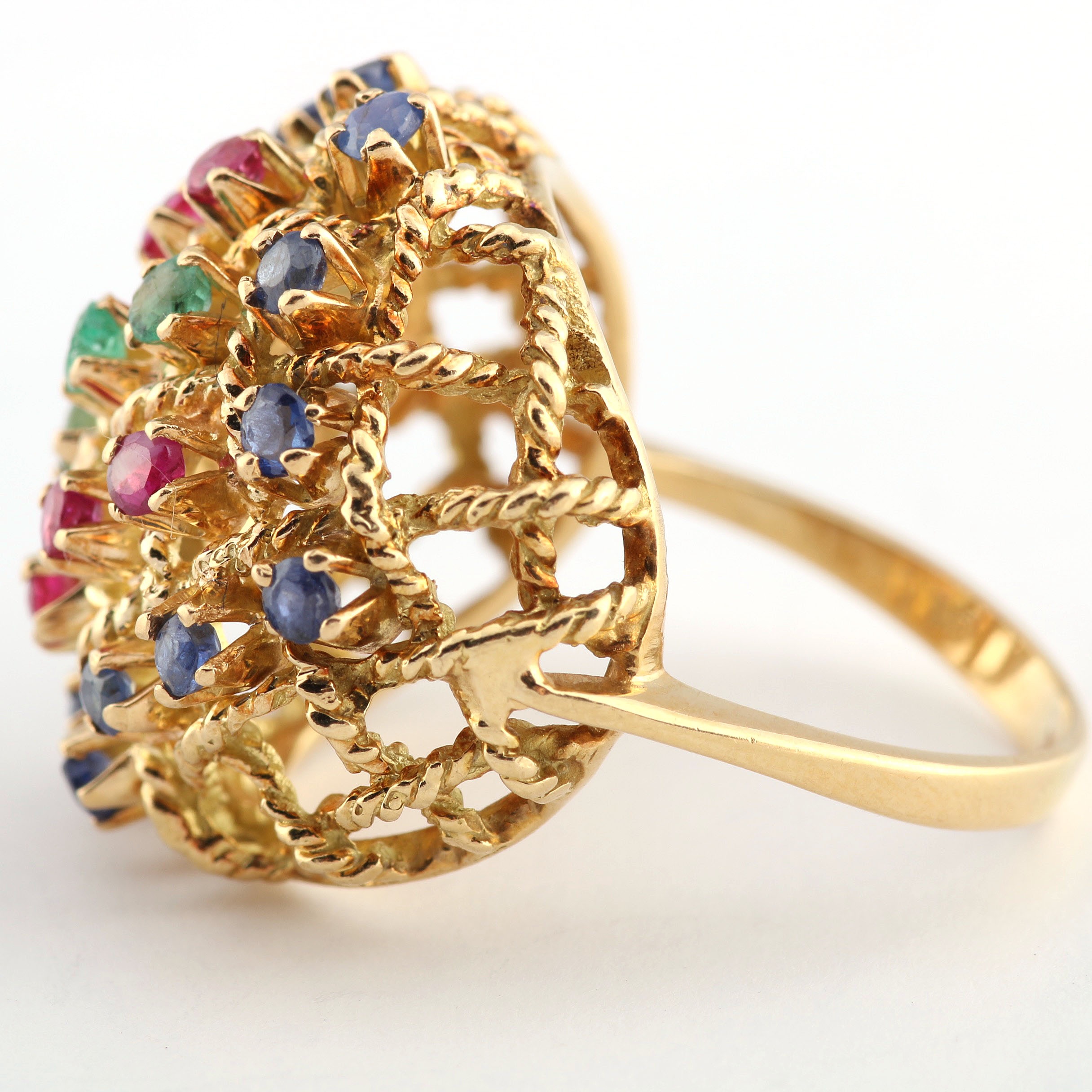 14K Yellow Gold Emerald, Sapphire and Ruby Dome Weave Ring