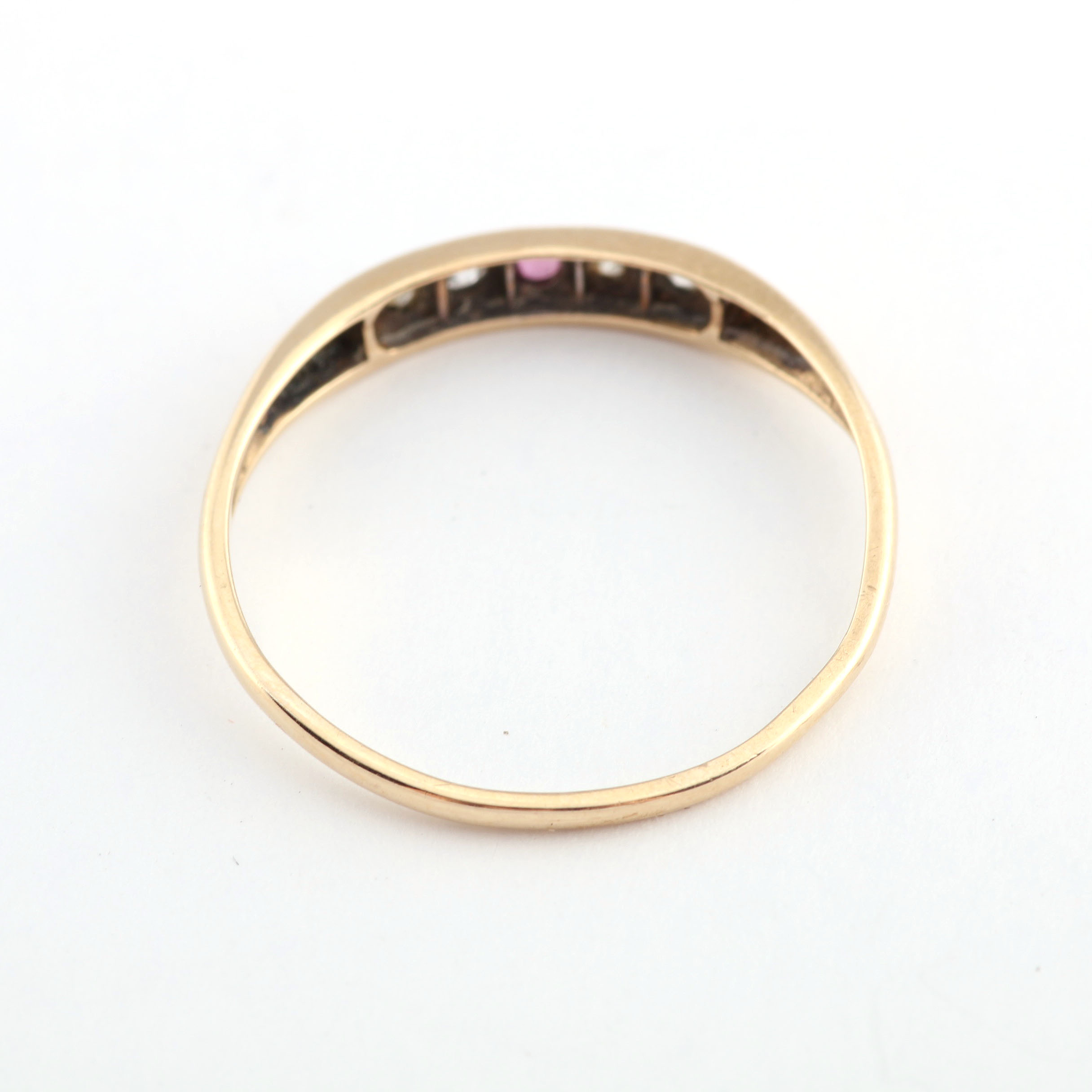 14K Two Tone Gold Ring with Channel Set Diamonds and Ruby
