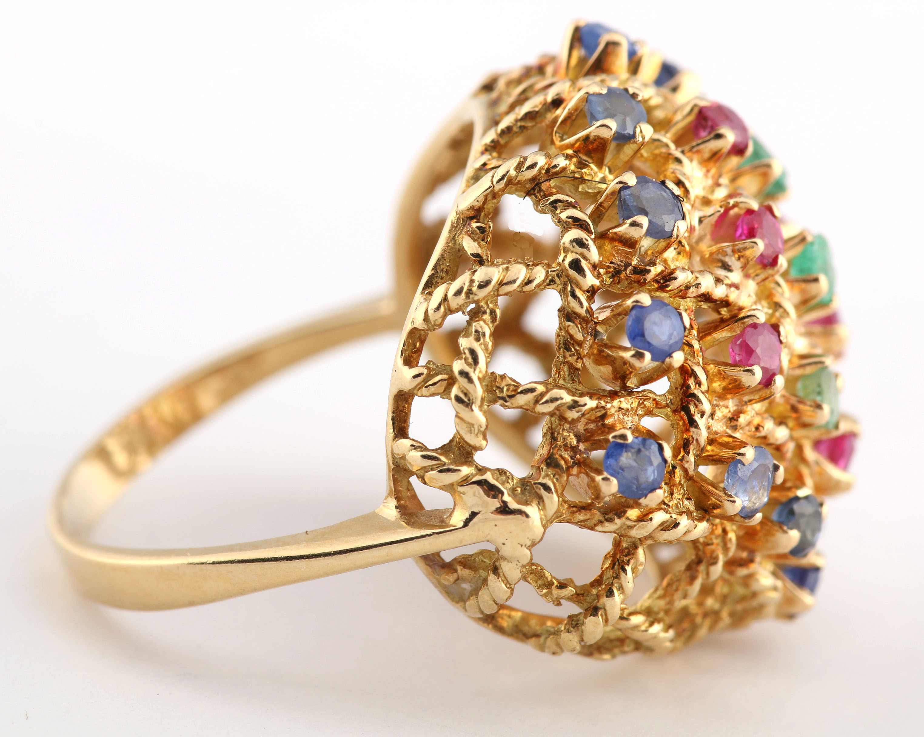 14K Yellow Gold Emerald, Sapphire and Ruby Dome Weave Ring