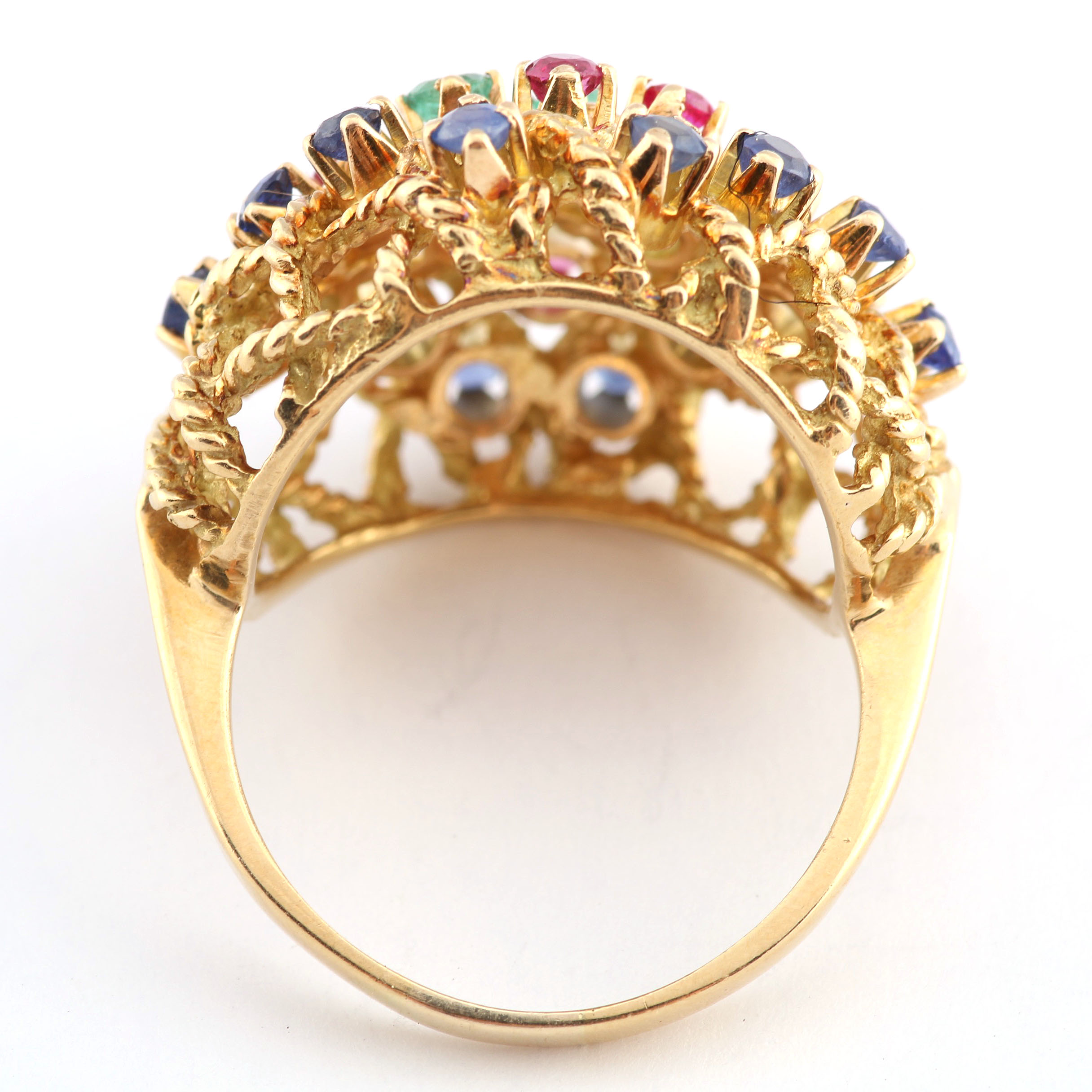 14K Yellow Gold Emerald, Sapphire and Ruby Dome Weave Ring