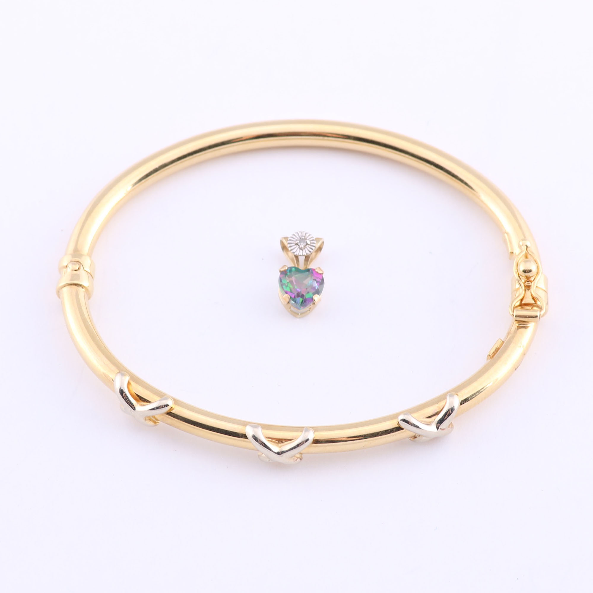 14K Two Tone Baby Bangle with 10K Mystic Topaz and Diamond Pendant