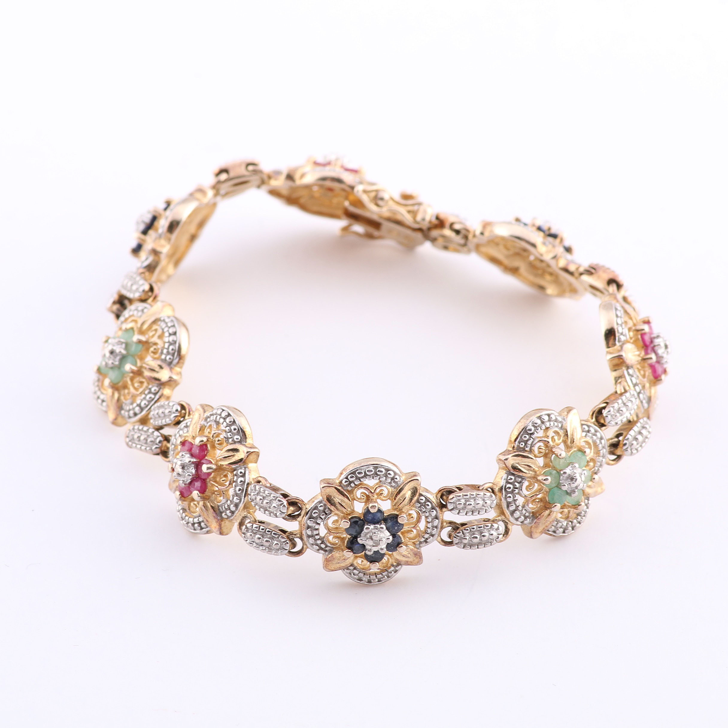 Gold Wash Sterling Silver Link Bracelet with Rubies, Emeralds, and Sapphires