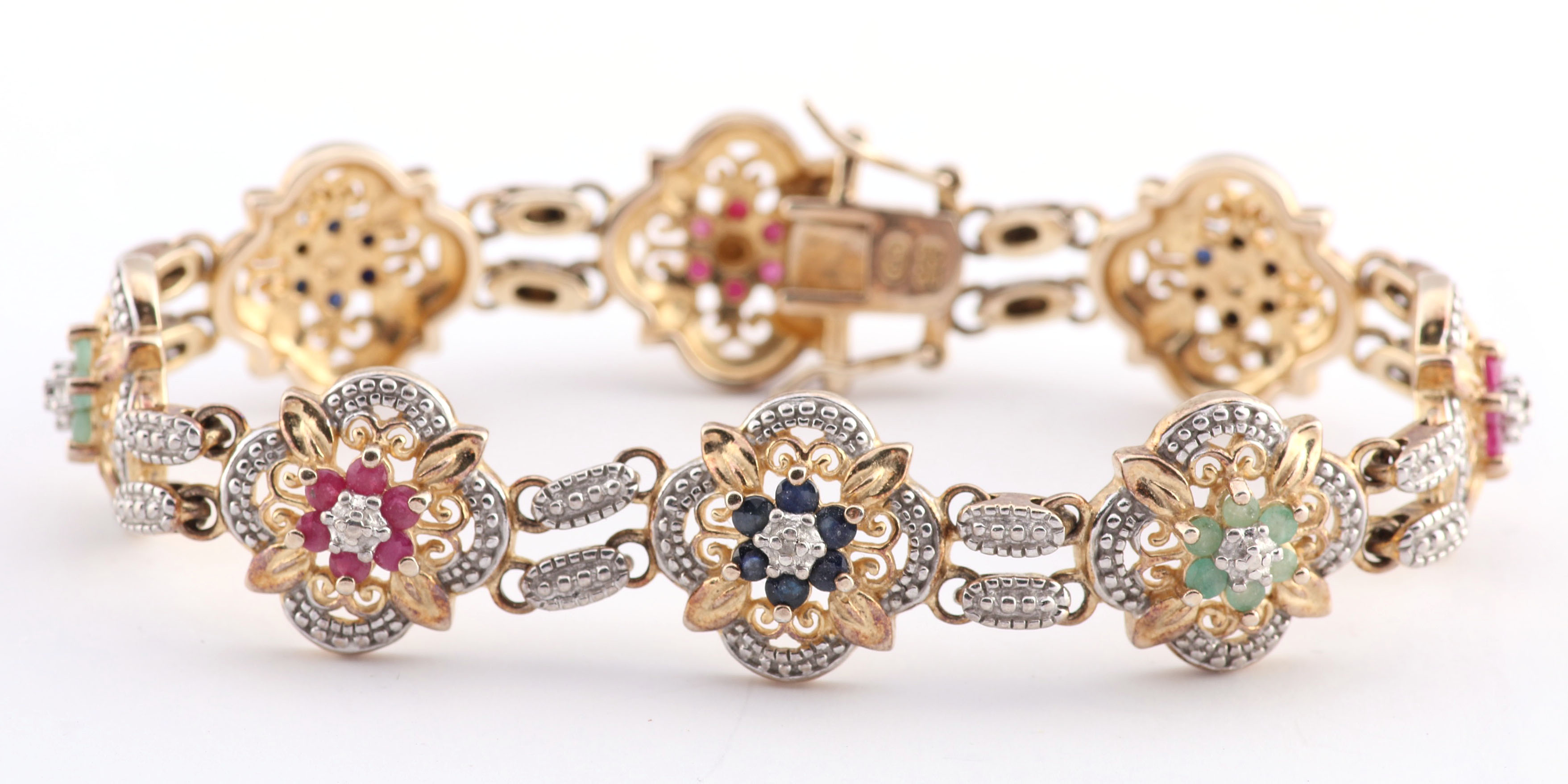 Gold Wash Sterling Silver Link Bracelet with Rubies, Emeralds, and Sapphires