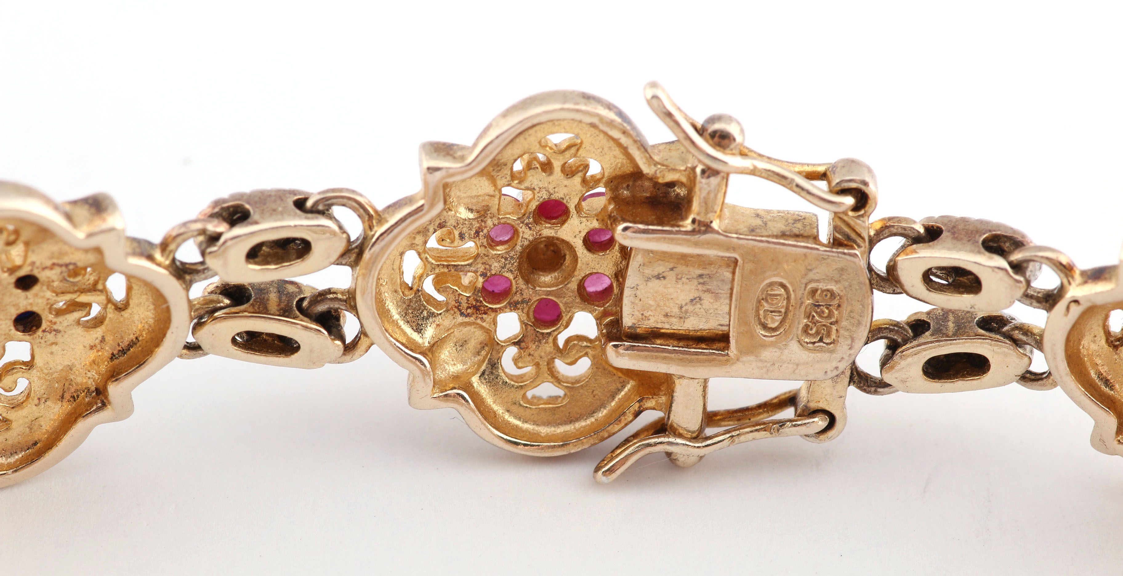 Gold Wash Sterling Silver Link Bracelet with Rubies, Emeralds, and Sapphires
