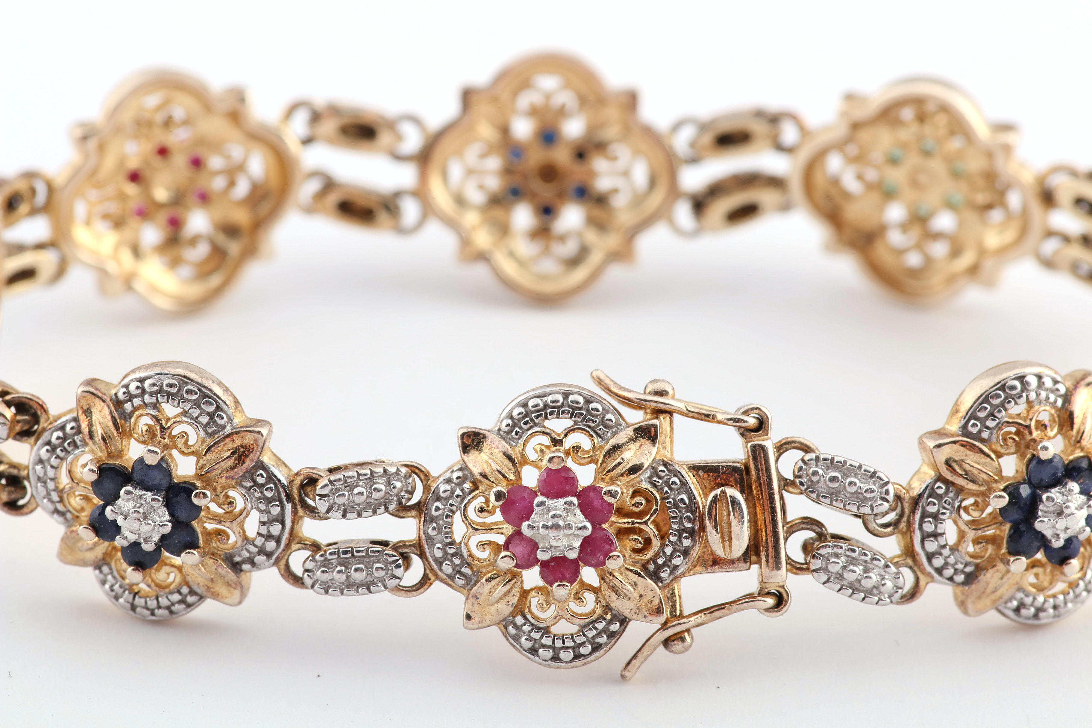Gold Wash Sterling Silver Link Bracelet with Rubies, Emeralds, and Sapphires