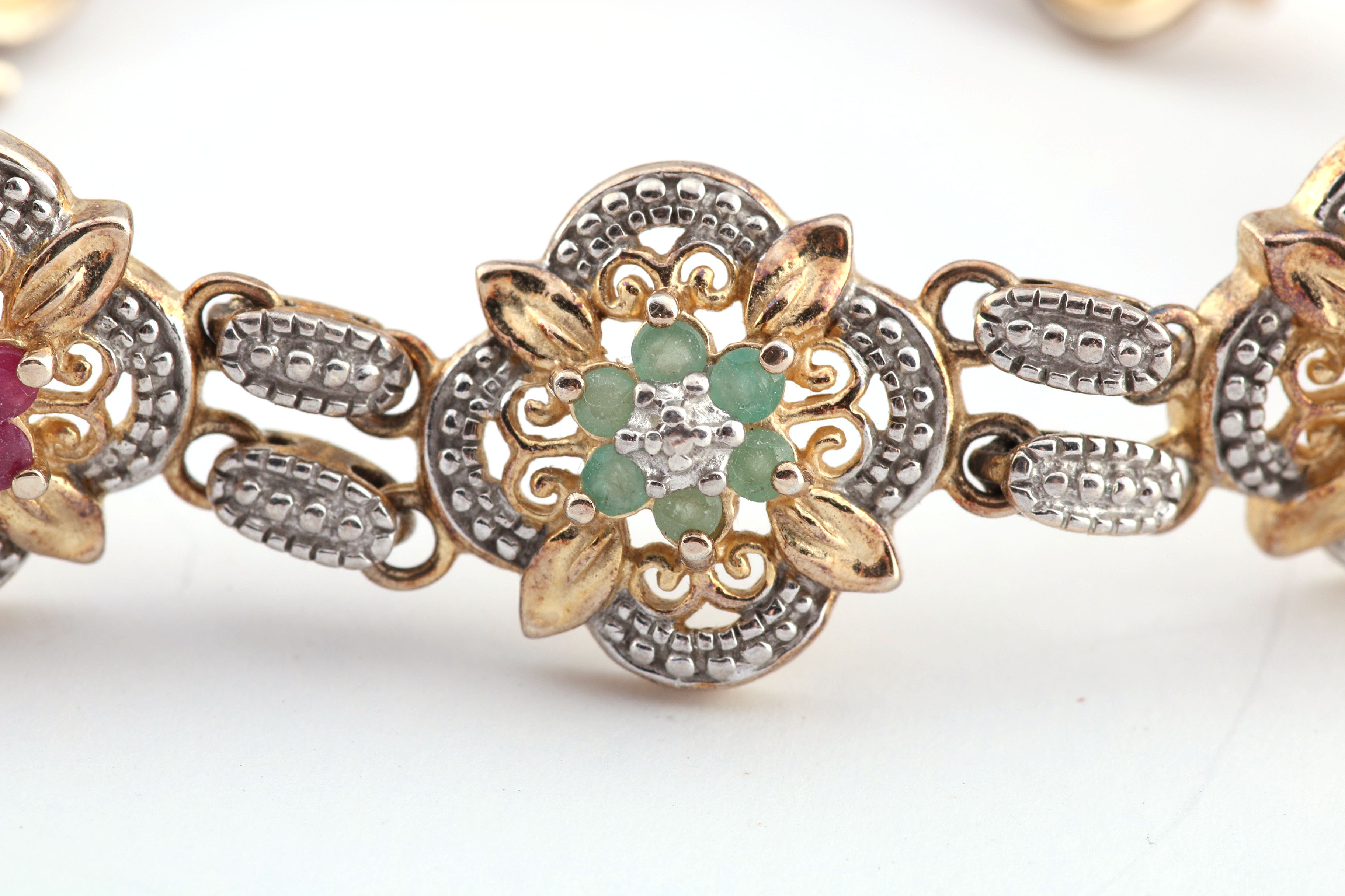 Gold Wash Sterling Silver Link Bracelet with Rubies, Emeralds, and Sapphires