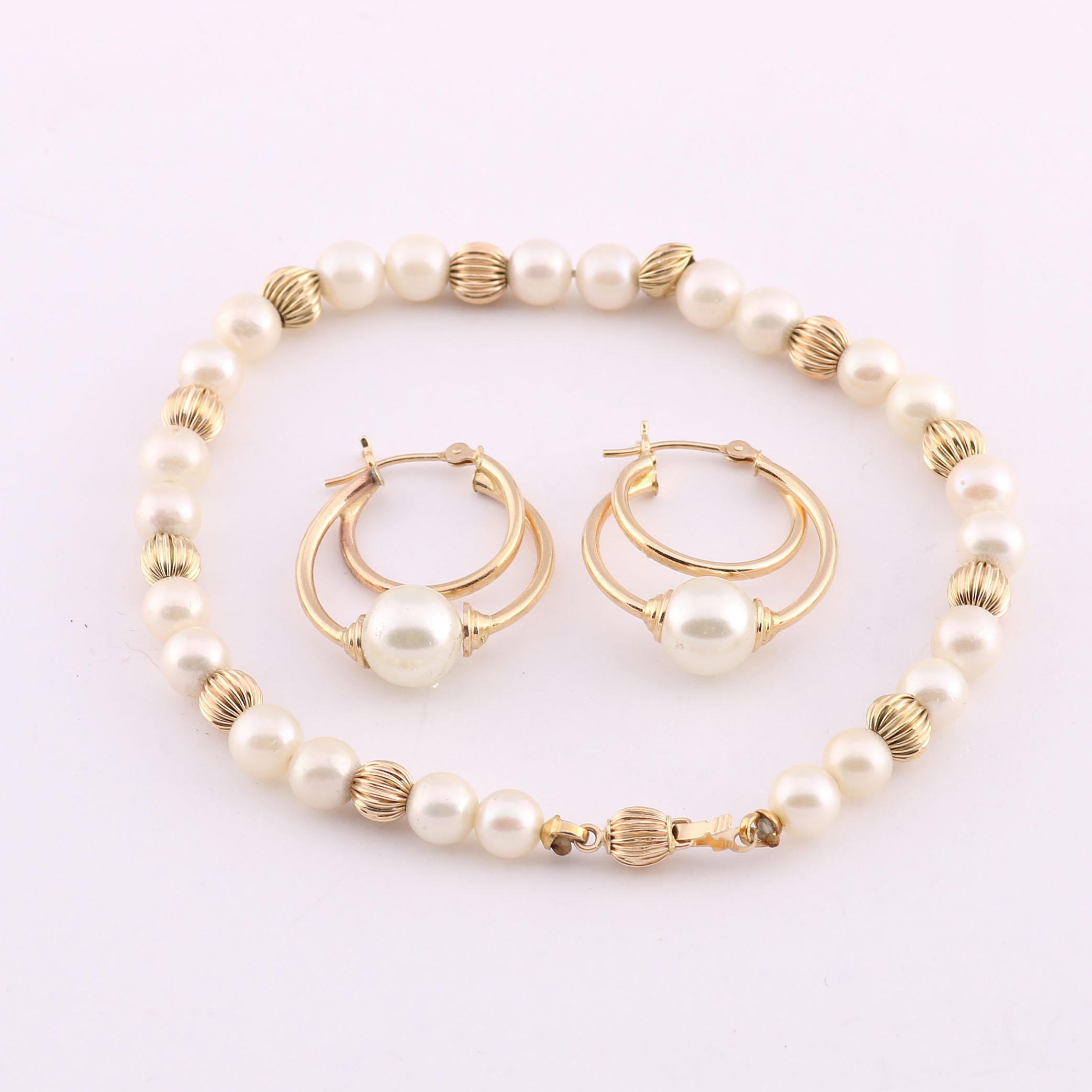 14K Yellow Gold and Faux Pearl Bracelet and Earrings