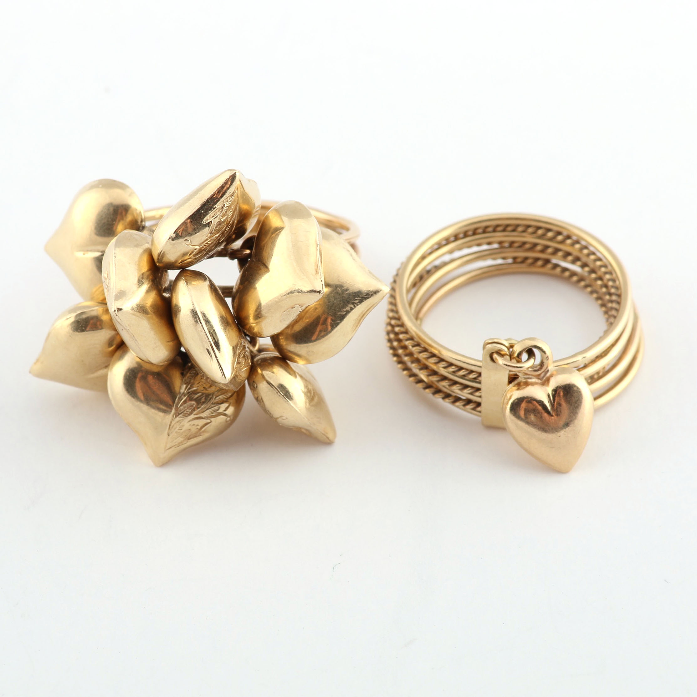 14K and 18K Yellow Gold Rings with Heart Motif