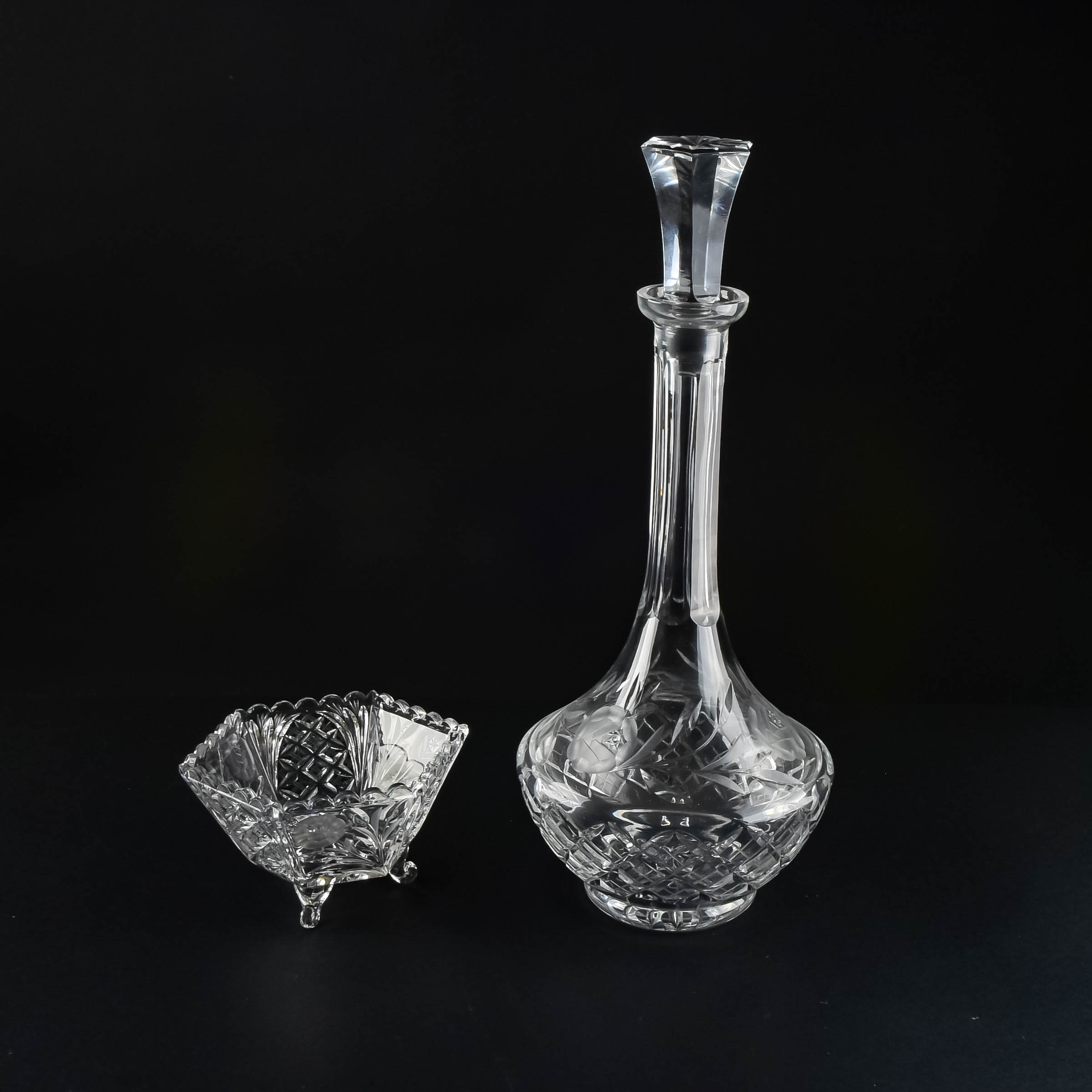 Cut Glass Decanter and Matching Bowl