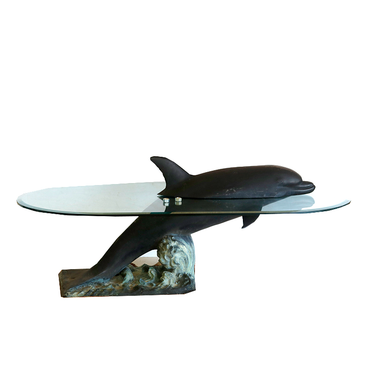 Signed Bronze Dolphin and Glass Coffee Table