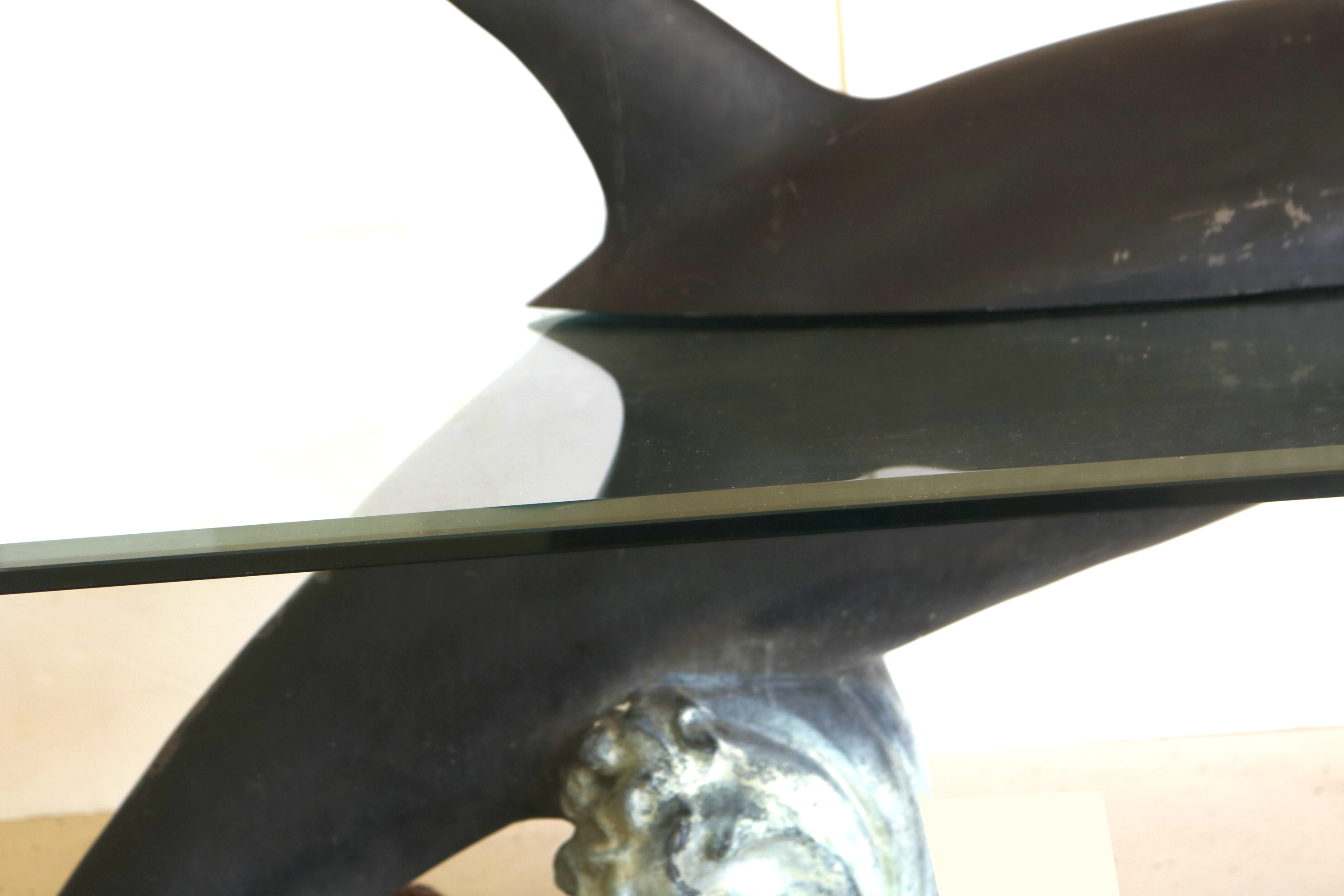 Signed Bronze Dolphin and Glass Coffee Table
