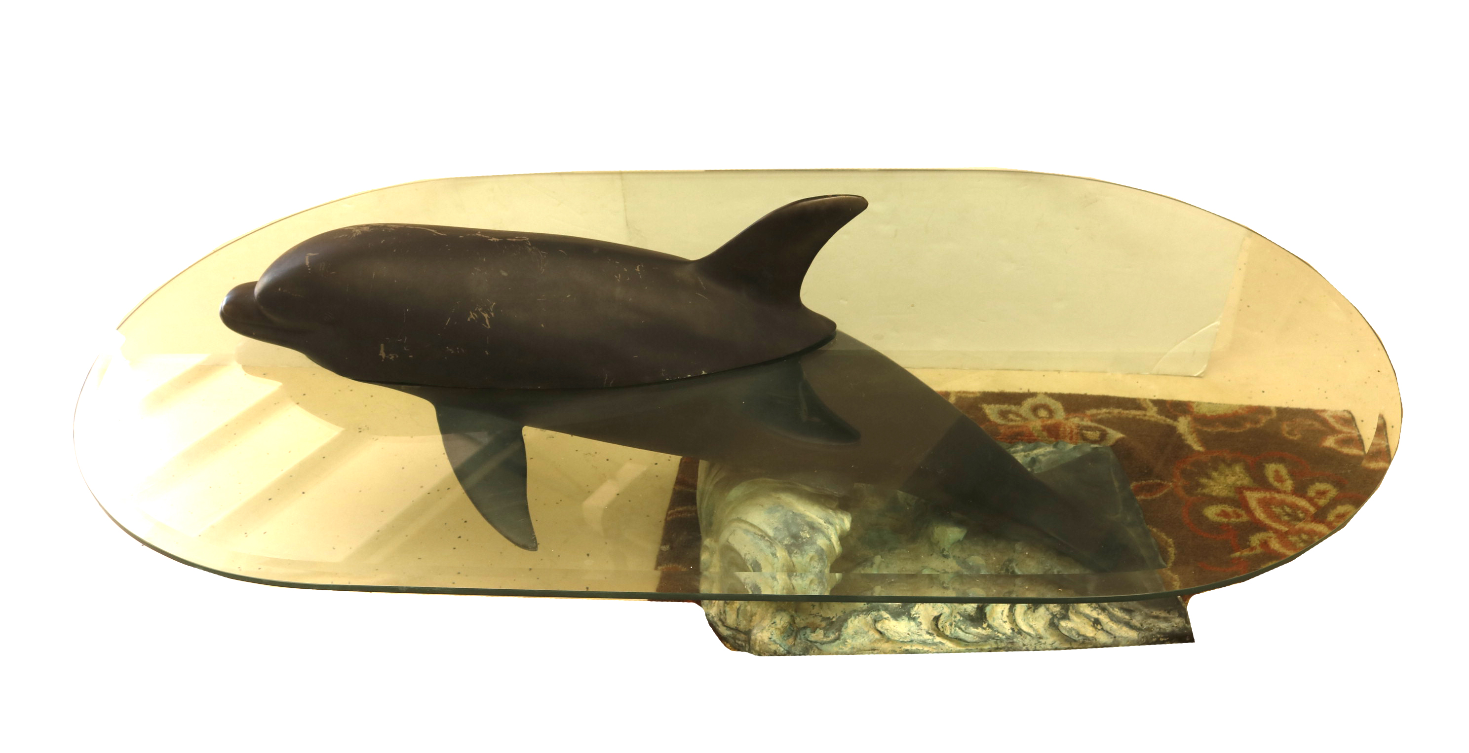 Signed Bronze Dolphin and Glass Coffee Table