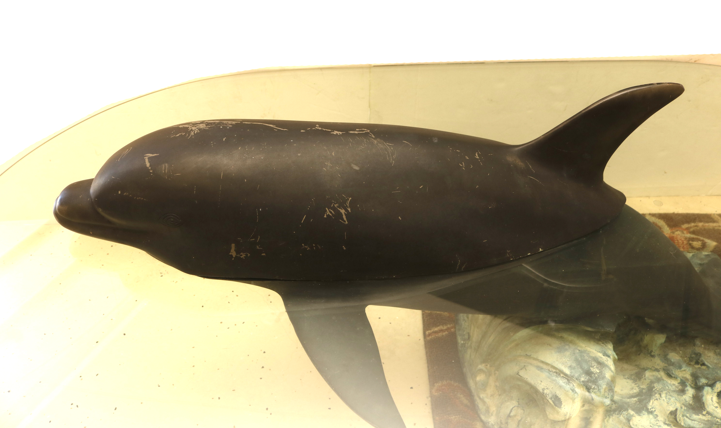 Signed Bronze Dolphin and Glass Coffee Table