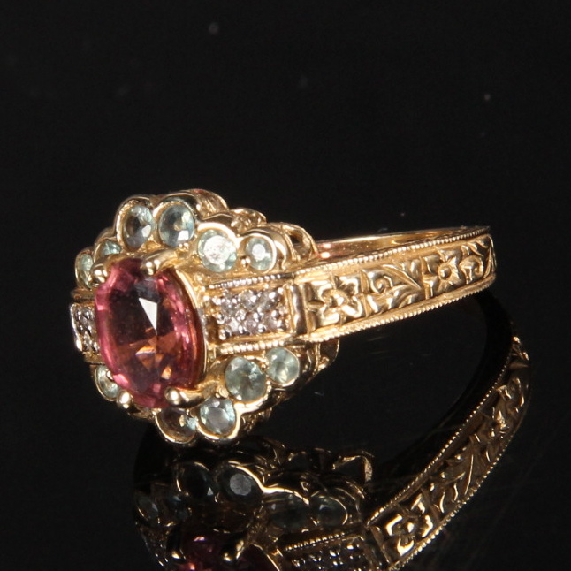 14K Yellow Gold Pink Tourmaline, Diamond and Peridot Ring