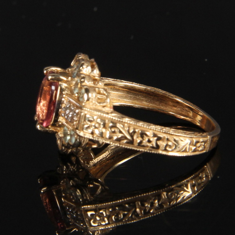 14K Yellow Gold Pink Tourmaline, Diamond and Peridot Ring