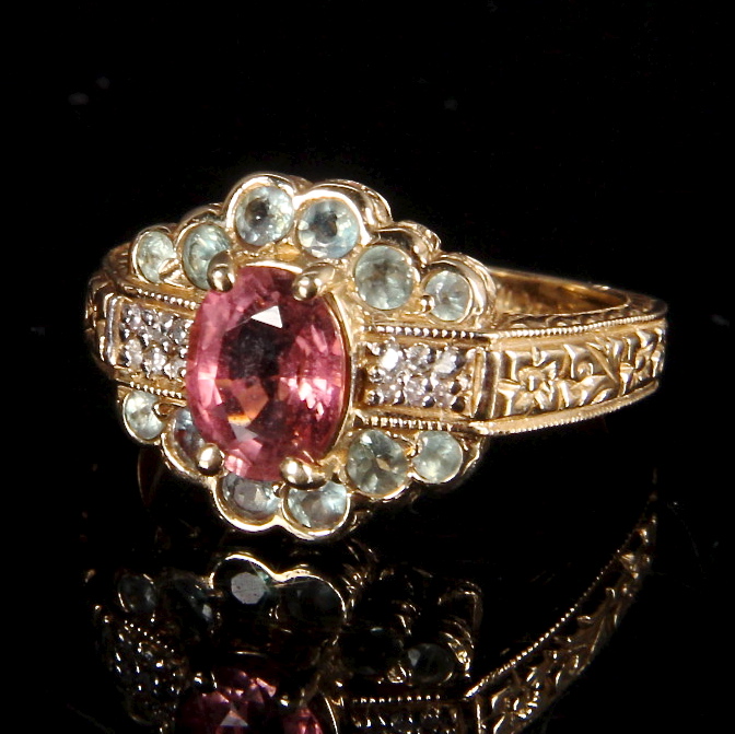 14K Yellow Gold Pink Tourmaline, Diamond and Peridot Ring