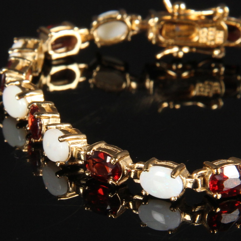 Gold Plated Sterling Bracelet with Garnets and Opals