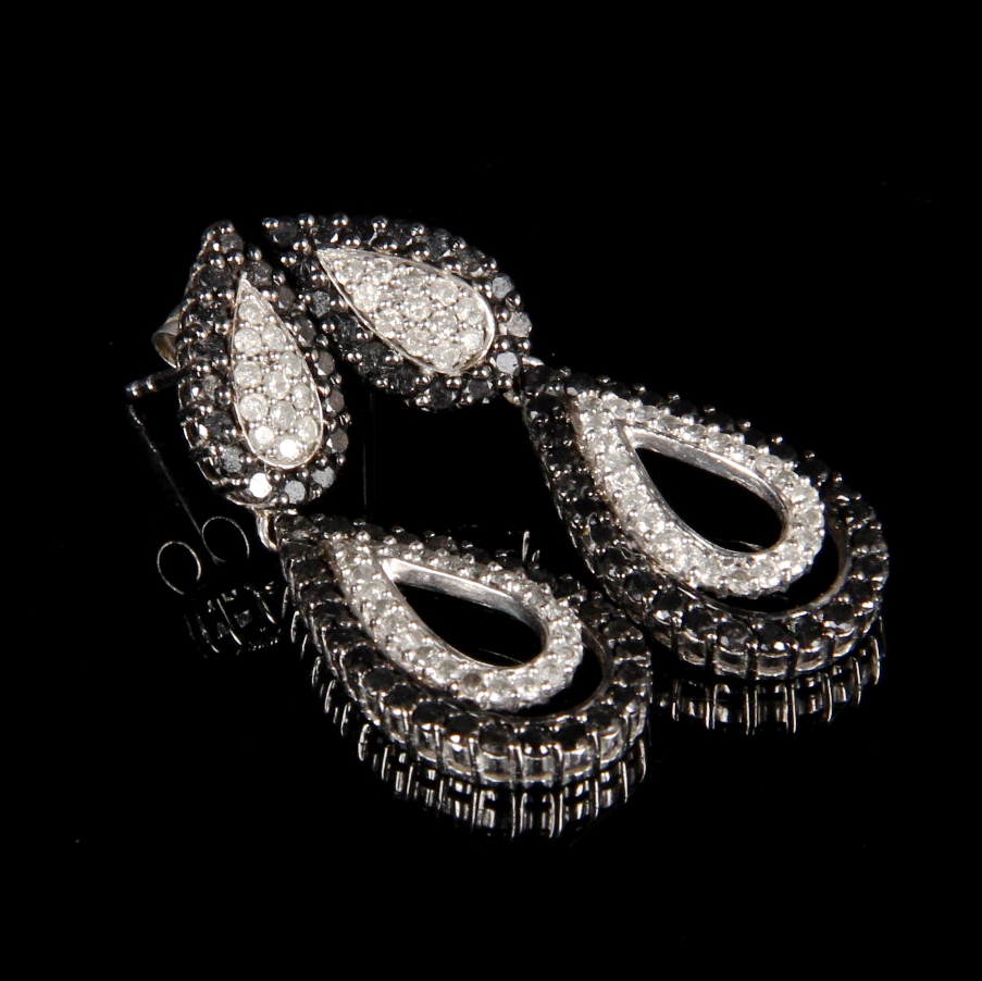 10K White Gold 2.48 CTW Black and White Diamond Earrings