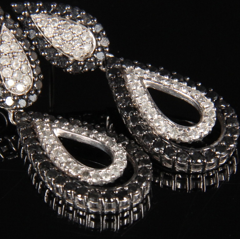 10K White Gold 2.48 CTW Black and White Diamond Earrings