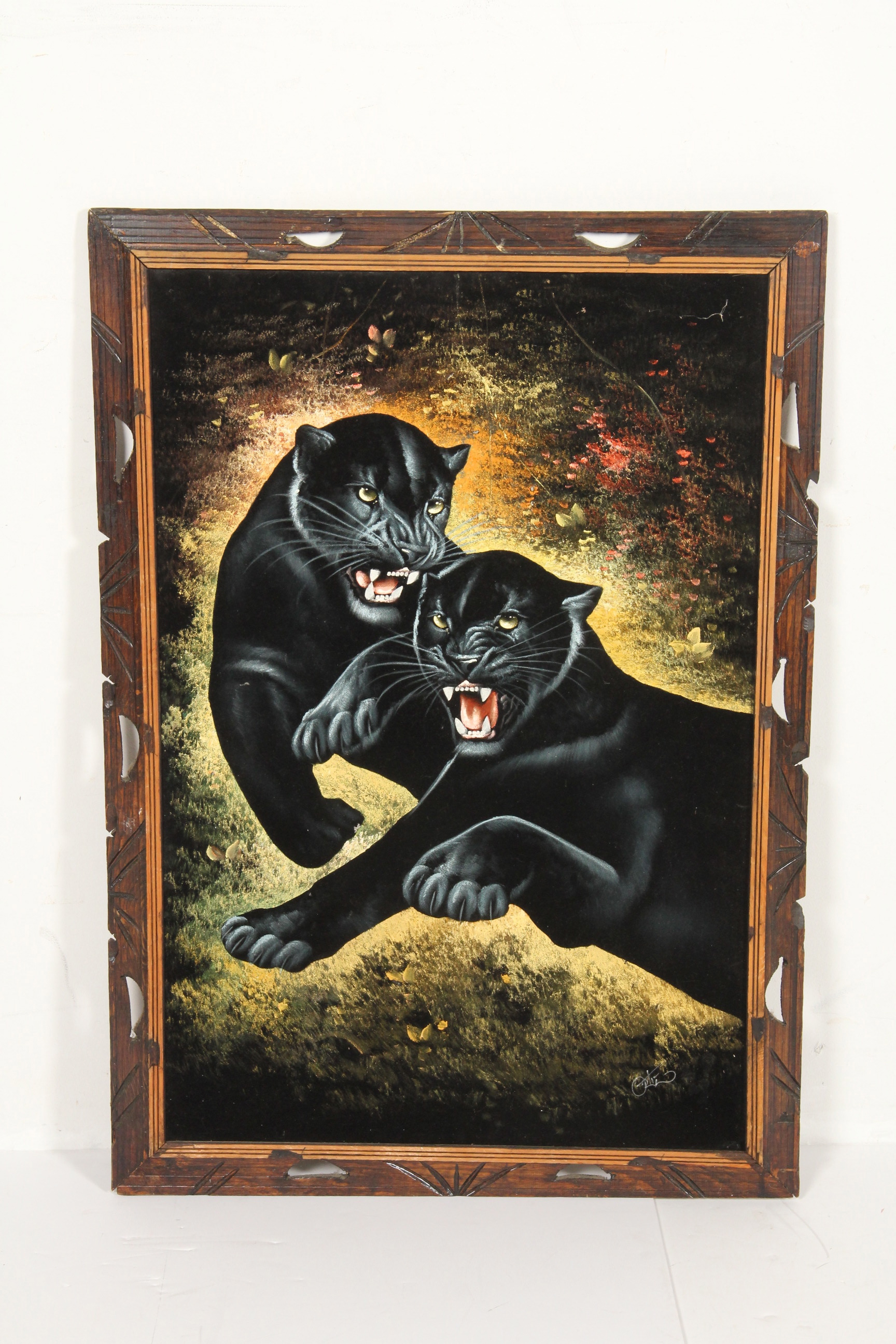Vintage Signed Black Velvet Painting of Panthers