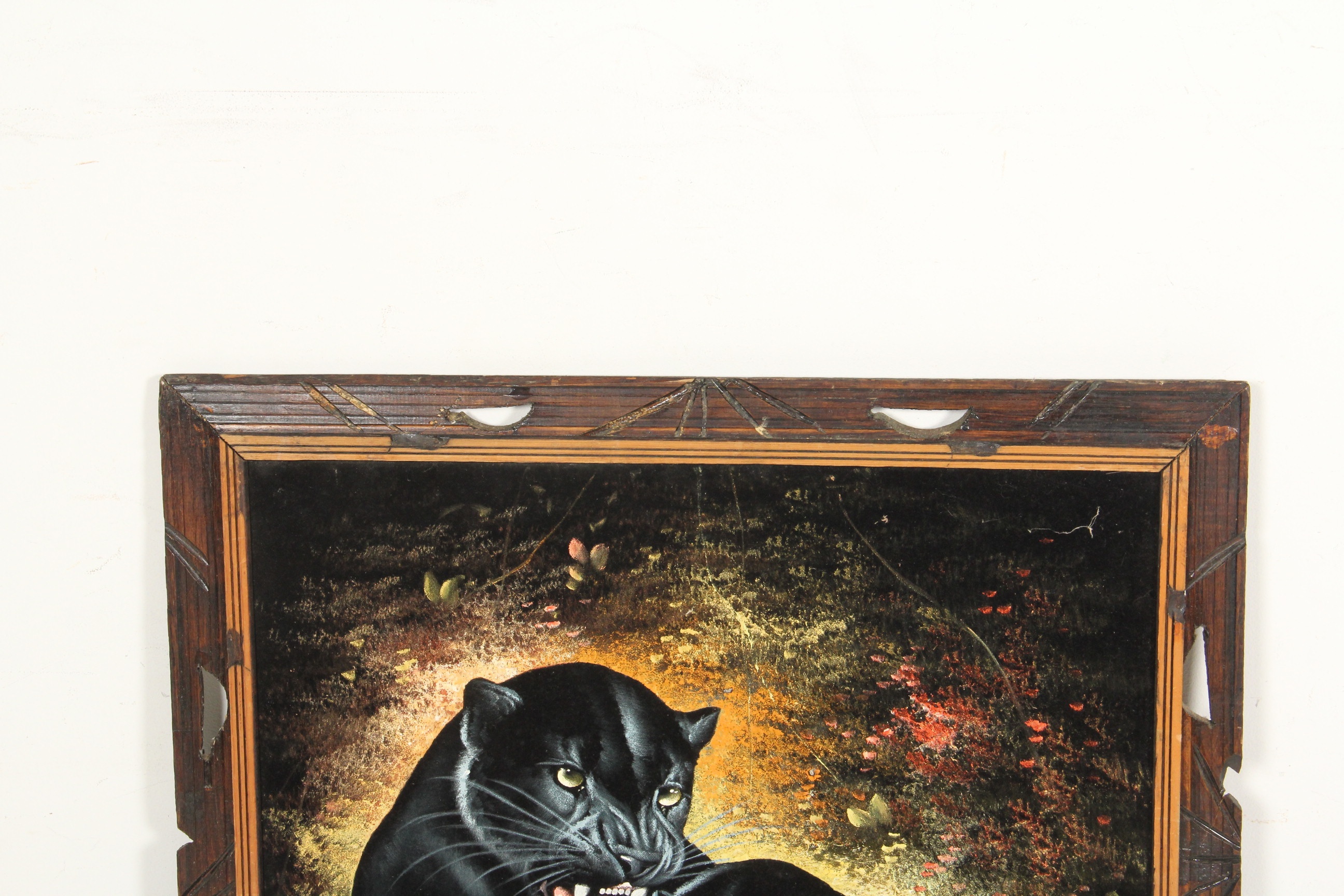 Vintage Signed Black Velvet Painting of Panthers