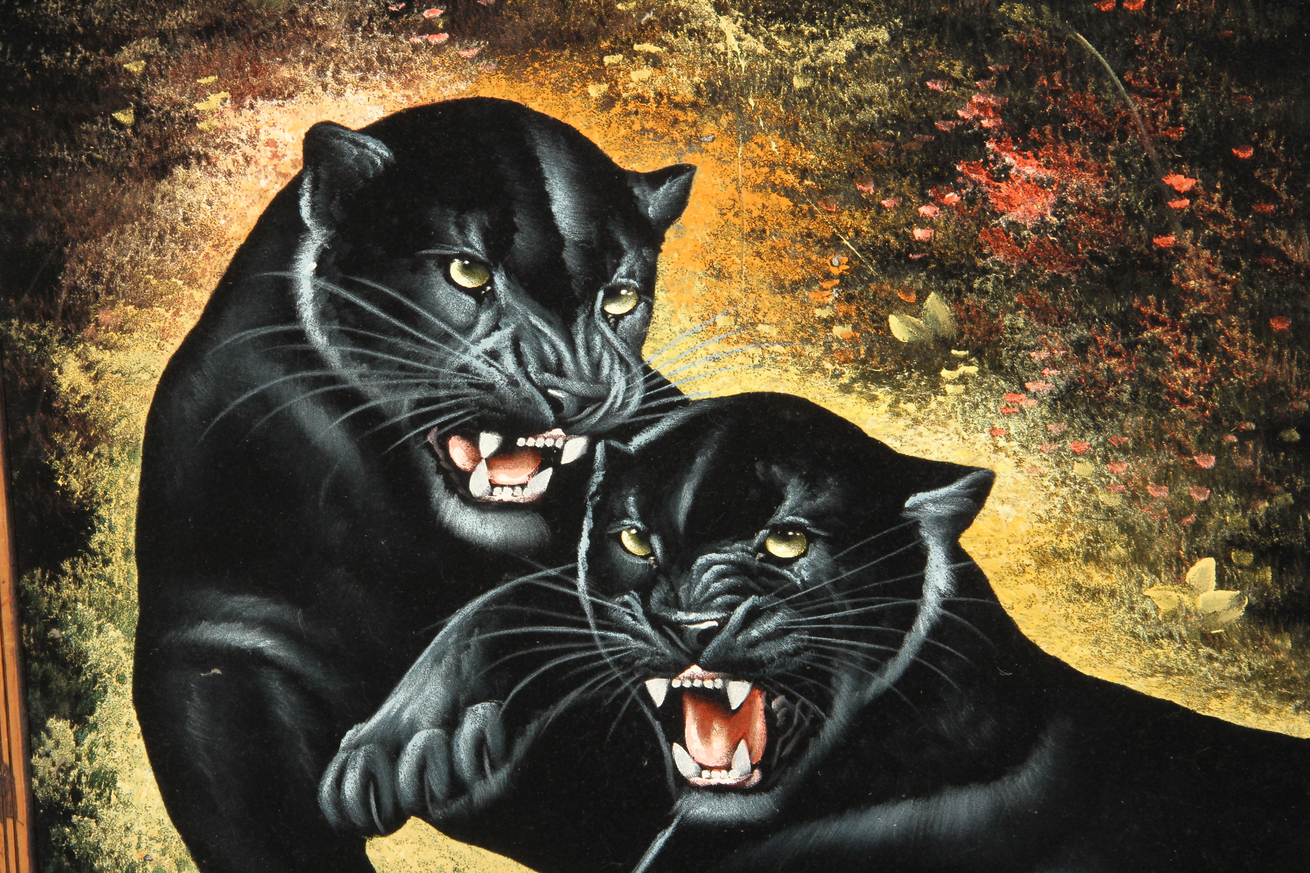 Vintage Signed Black Velvet Painting of Panthers
