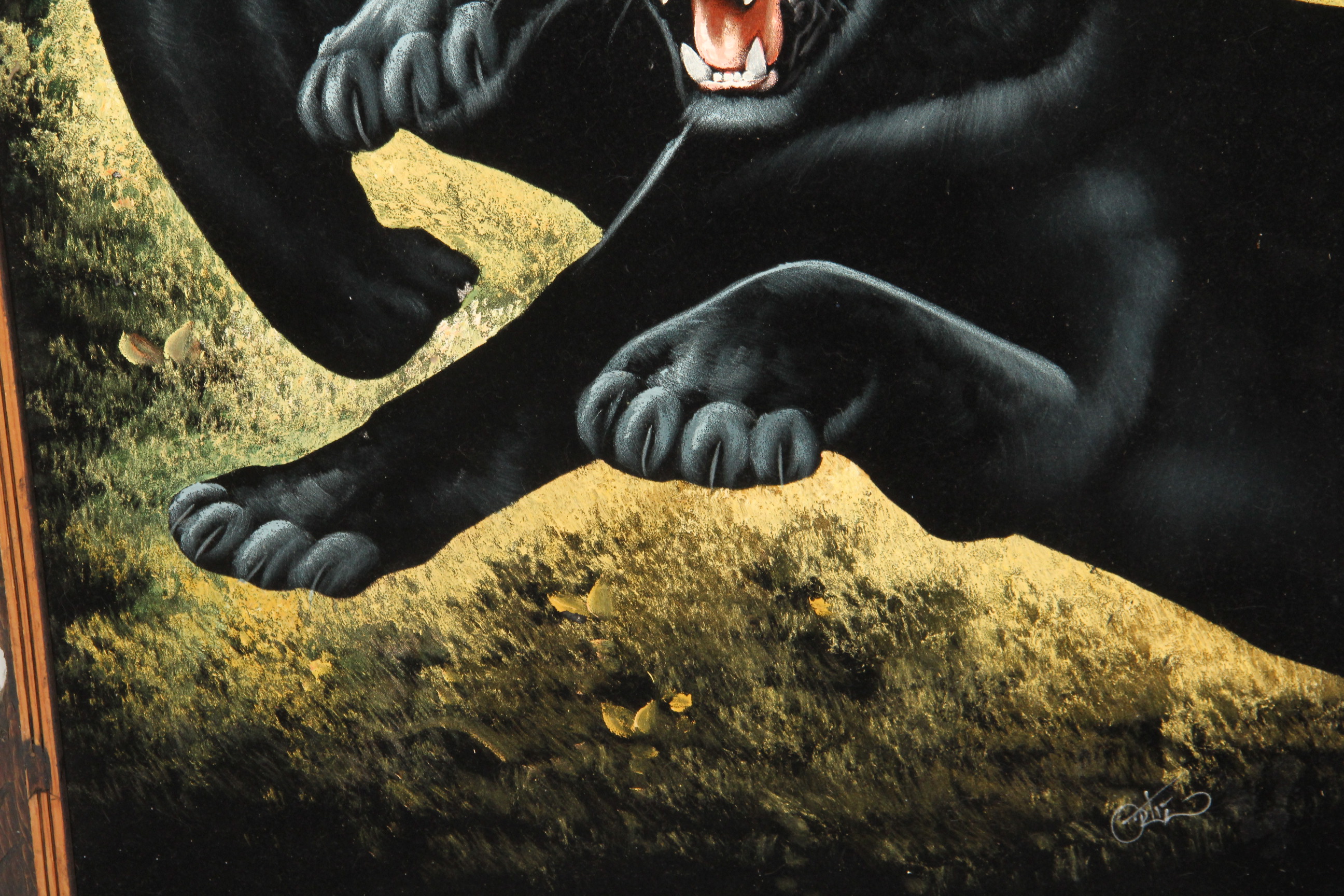 Vintage Signed Black Velvet Painting of Panthers