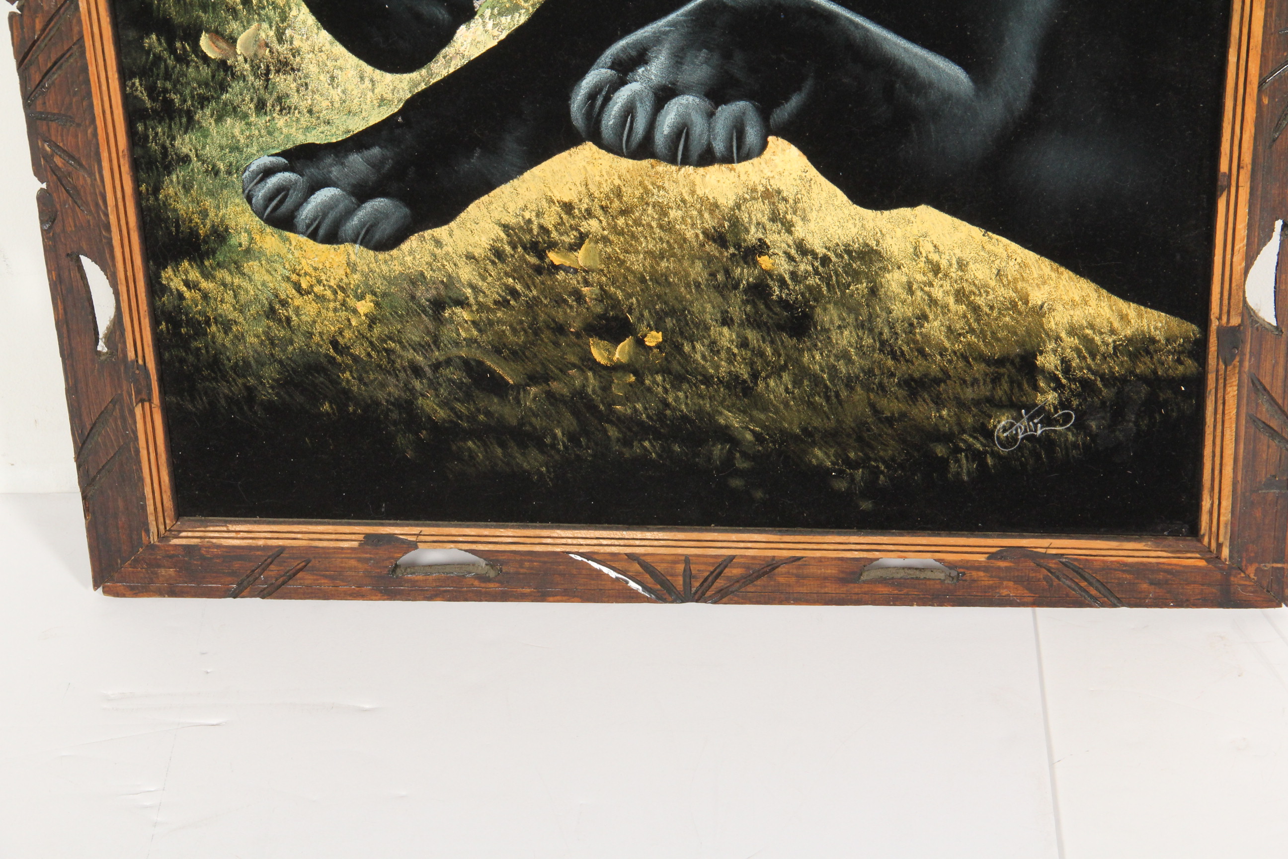 Vintage Signed Black Velvet Painting of Panthers