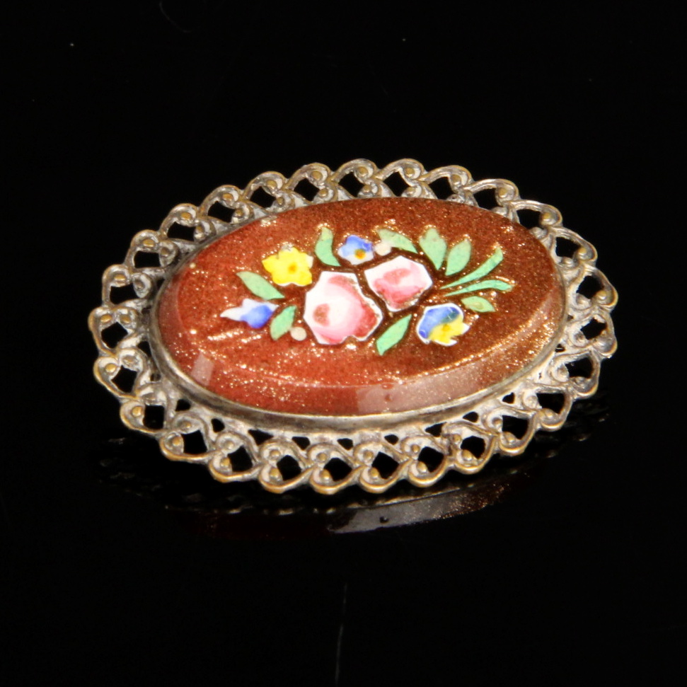 Vintage Gold Toned Painted Brooch