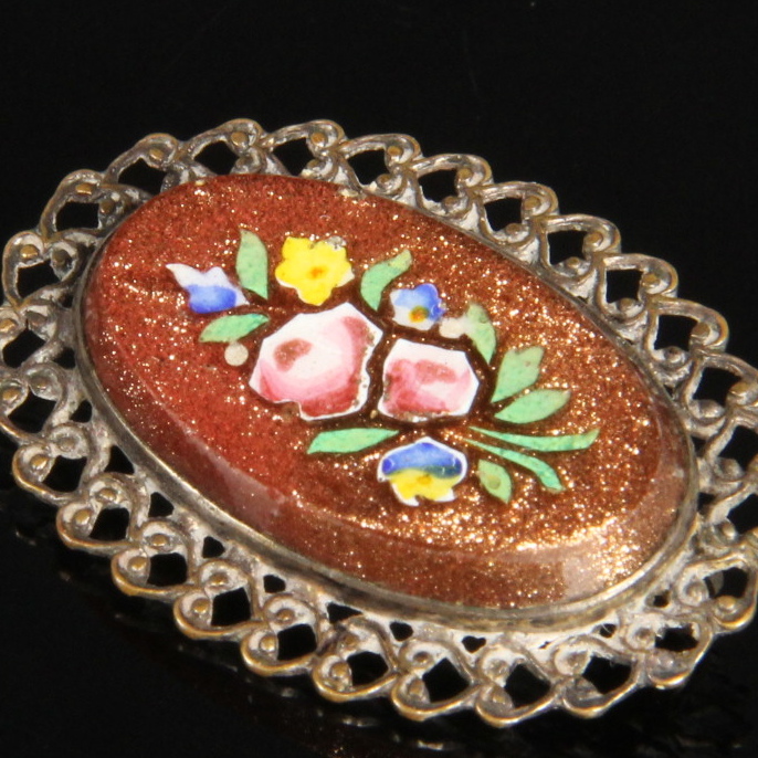 Vintage Gold Toned Painted Brooch