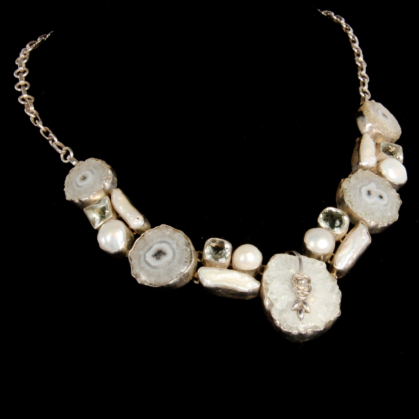 Sterling Silver Prasiolite, Pearl and Geode Necklace