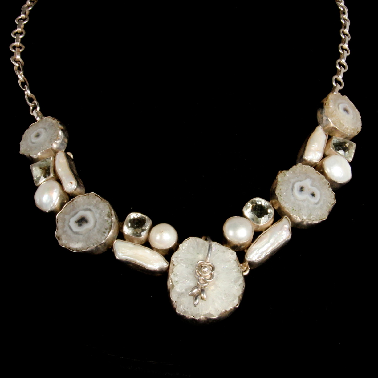 Sterling Silver Prasiolite, Pearl and Geode Necklace