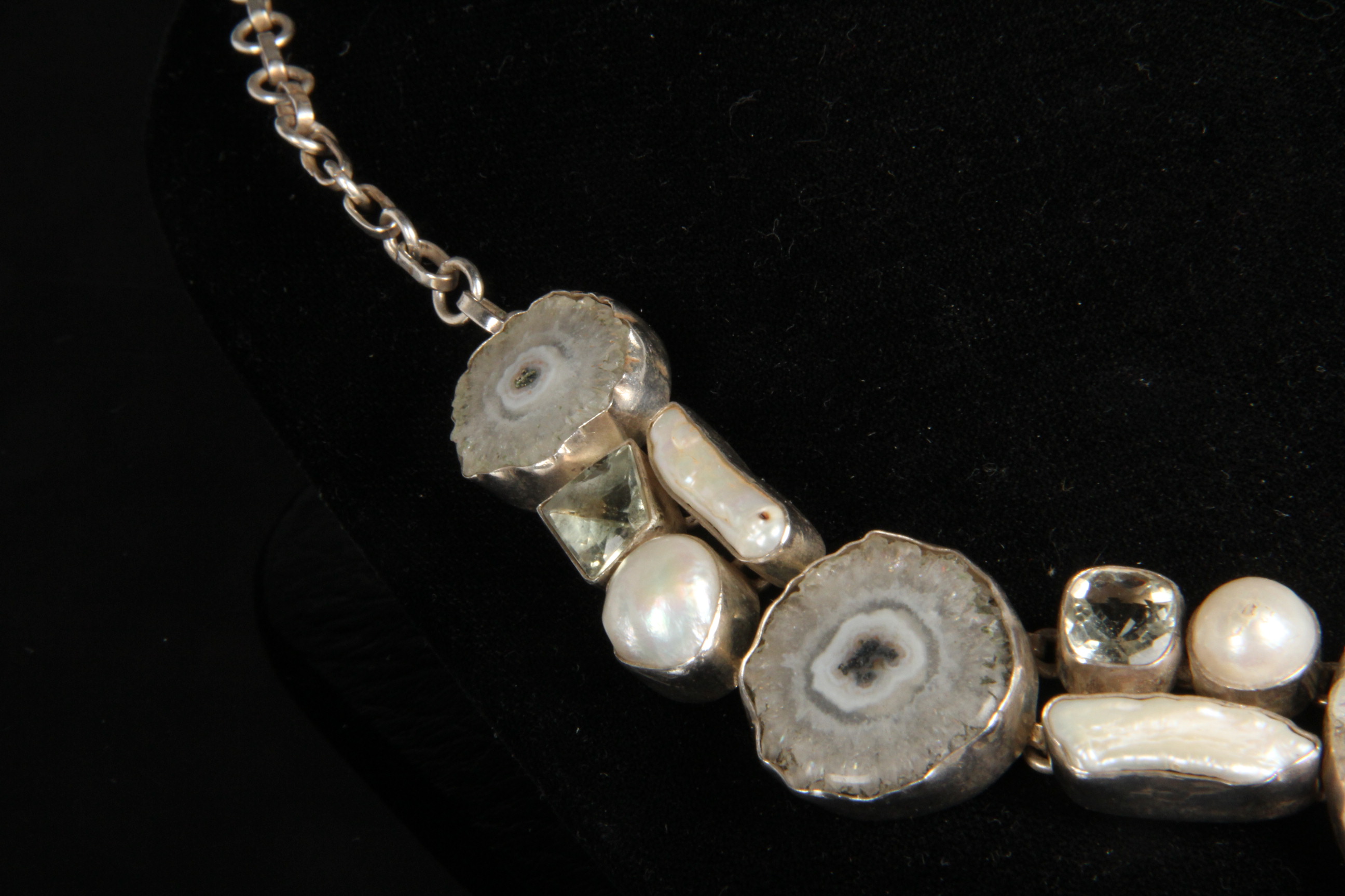 Sterling Silver Prasiolite, Pearl and Geode Necklace