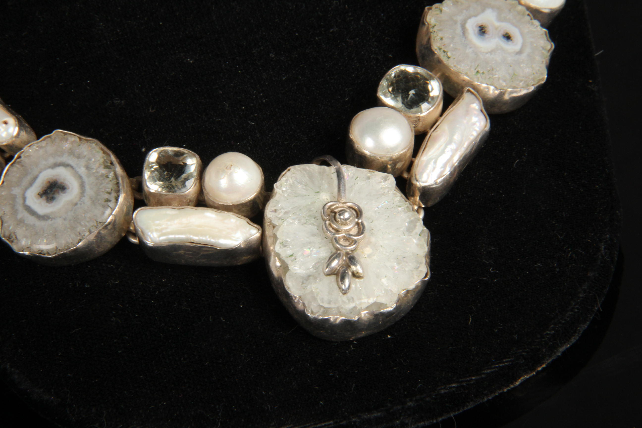 Sterling Silver Prasiolite, Pearl and Geode Necklace