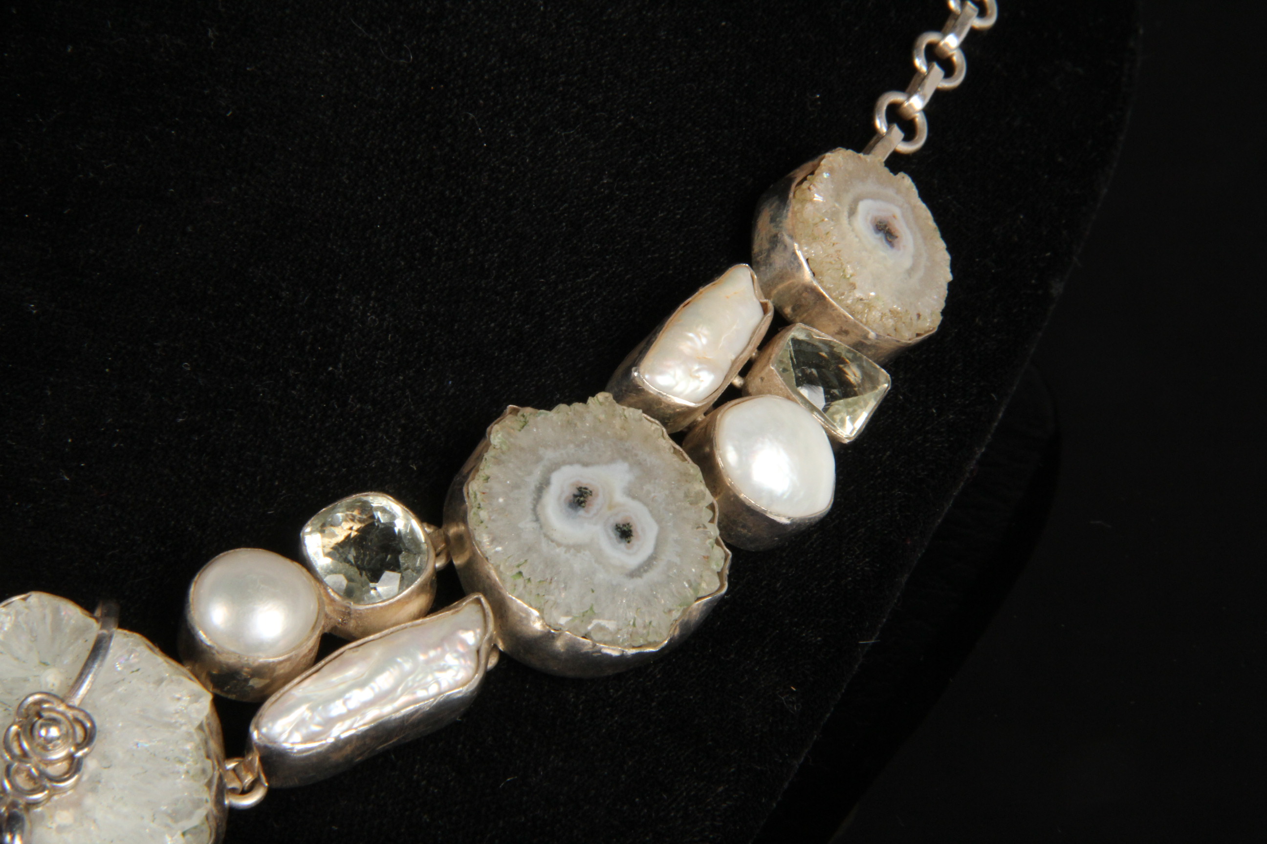 Sterling Silver Prasiolite, Pearl and Geode Necklace