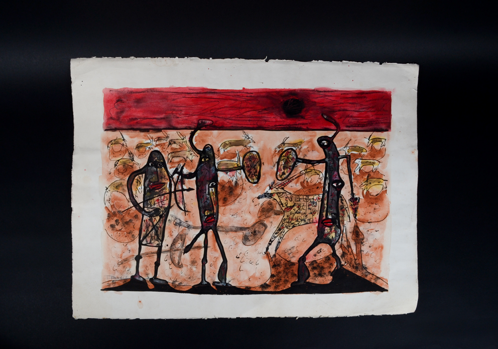 Watercolor on Paper of Hunting Figures