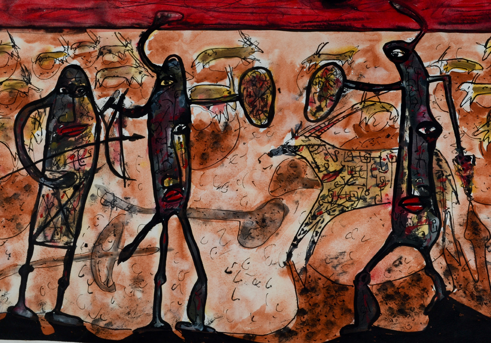 Watercolor on Paper of Hunting Figures