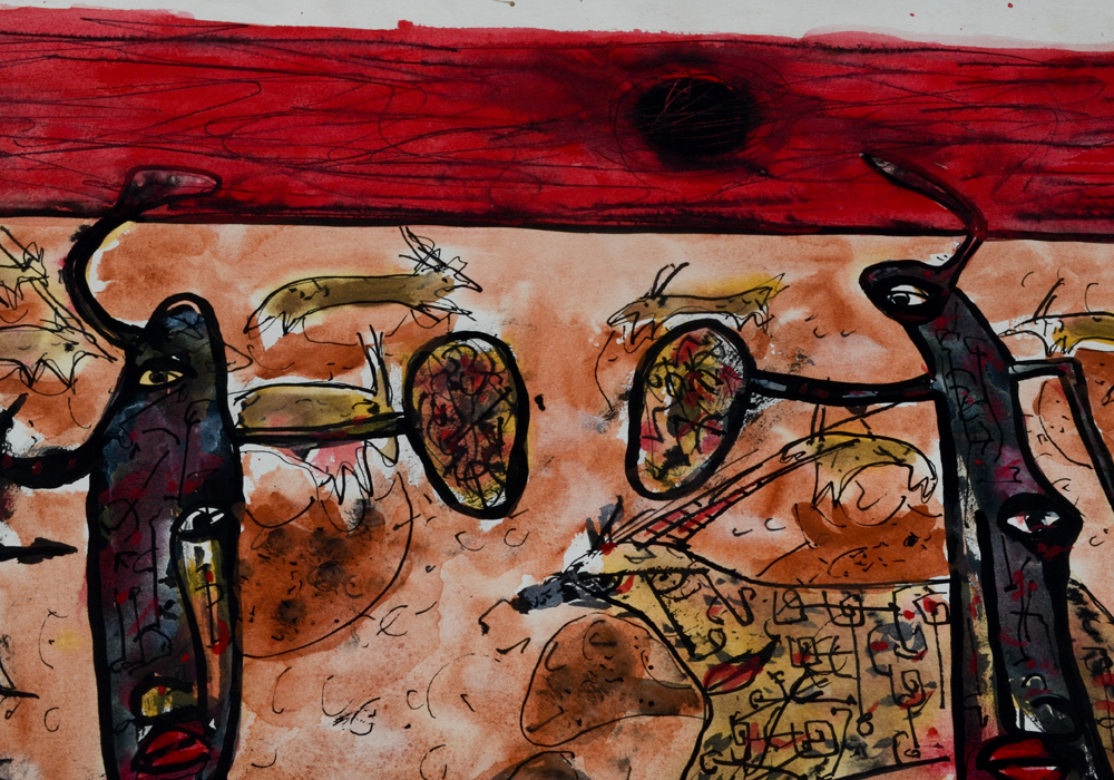 Watercolor on Paper of Hunting Figures