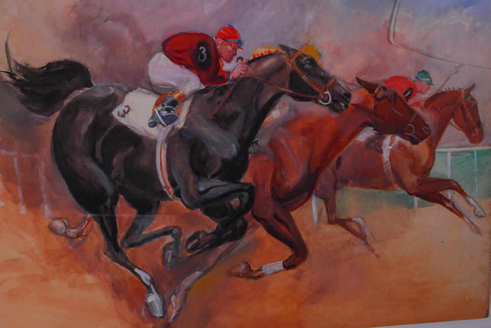 John W. Dunn Horse Racing Themed Gouache on Paper