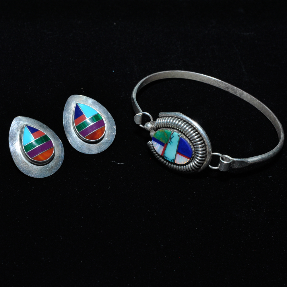 Leroy Begay Sterling Bracelet And Earrings