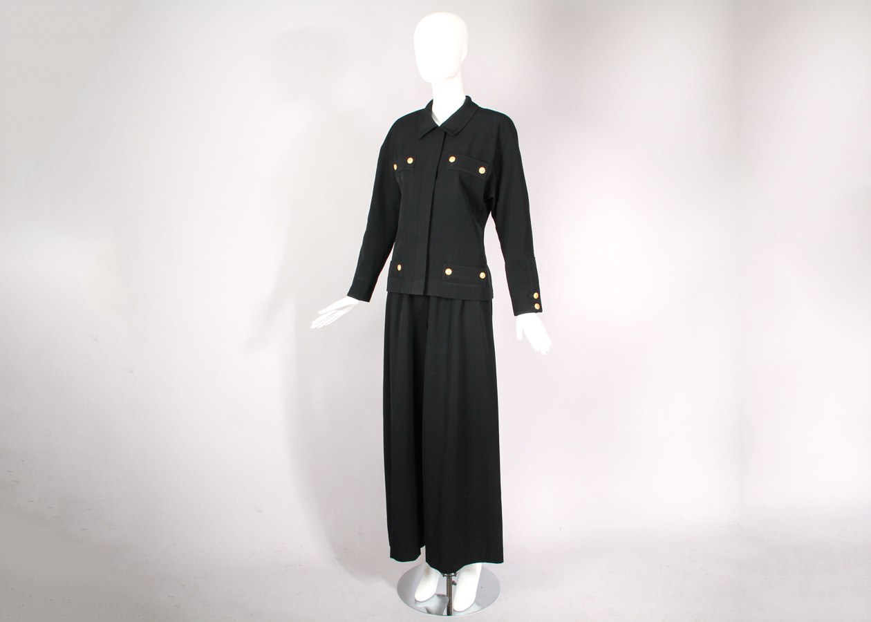 Vintage Chanel Jacket and Pants Ensemble with Logo Button Design