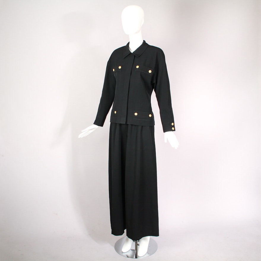 Vintage Chanel Jacket and Pants Ensemble with Logo Button Design