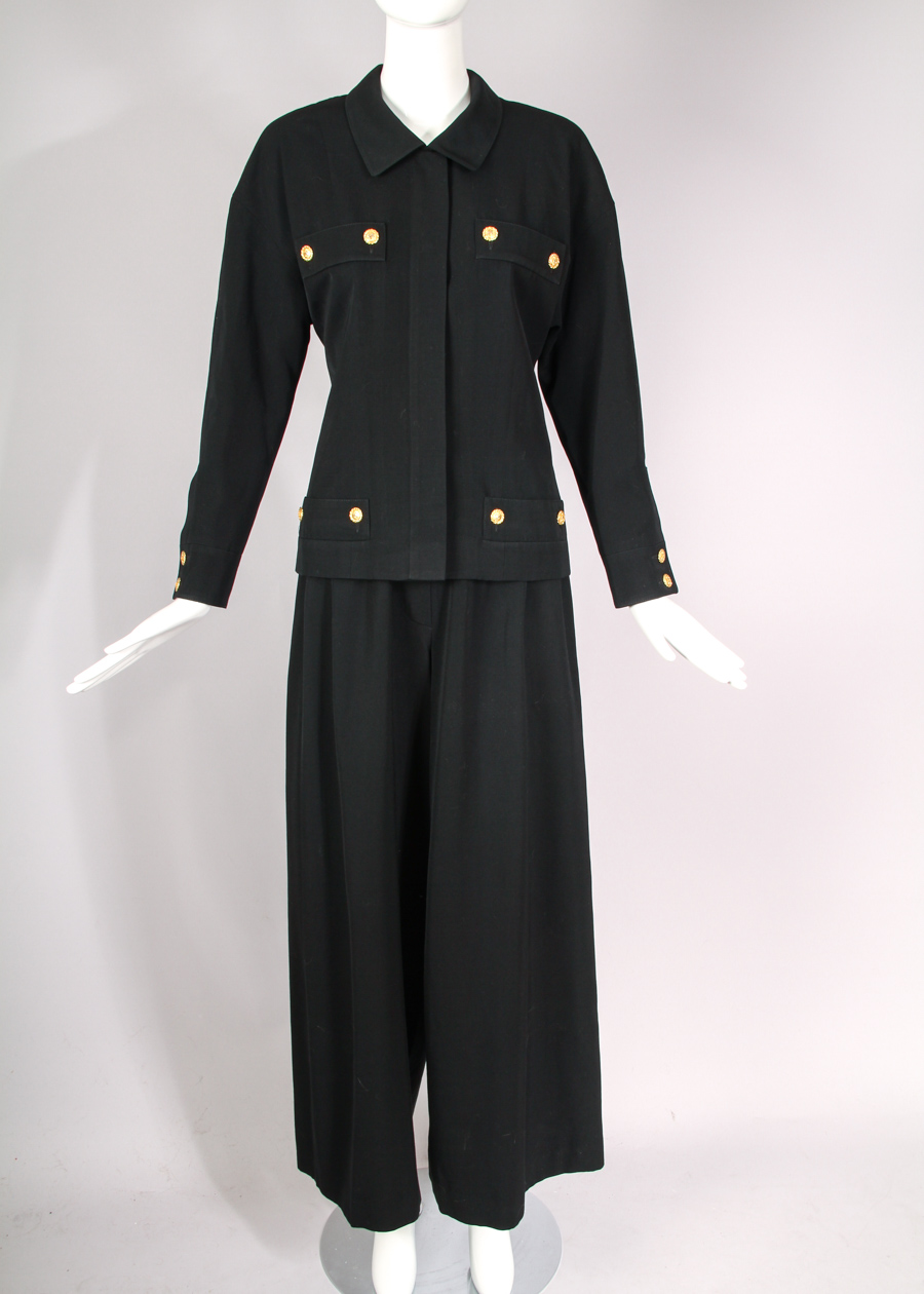 Vintage Chanel Jacket and Pants Ensemble with Logo Button Design