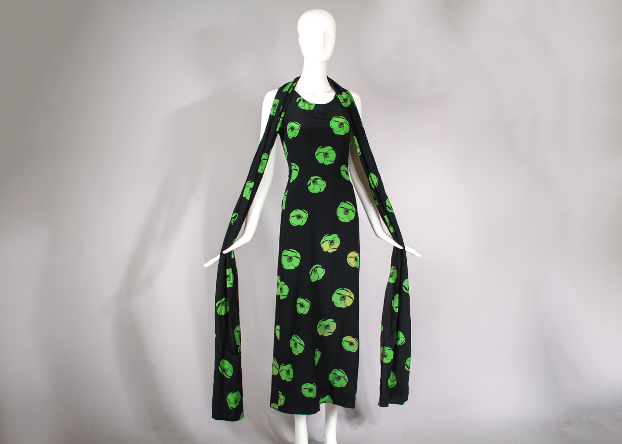 Vintage Sleeveless Floral Print Maxi Dress with Matching Scarf