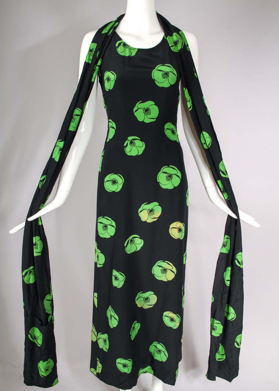 Vintage Sleeveless Floral Print Maxi Dress with Matching Scarf